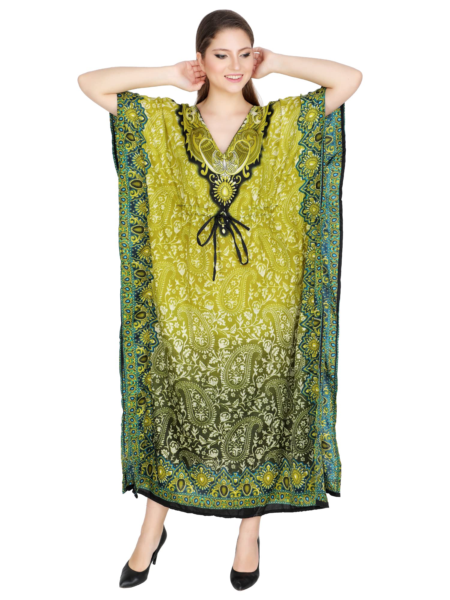 Stylish Ukal Women's Tunic Kimono Kaftan - Free Size Long Maxi Dress for Lounge, Party & Holiday Wear - Comfortable Nightwear in Sky Blue & Green - Perfect for Beach Coverups, Resort Wear & Summer Evenings
