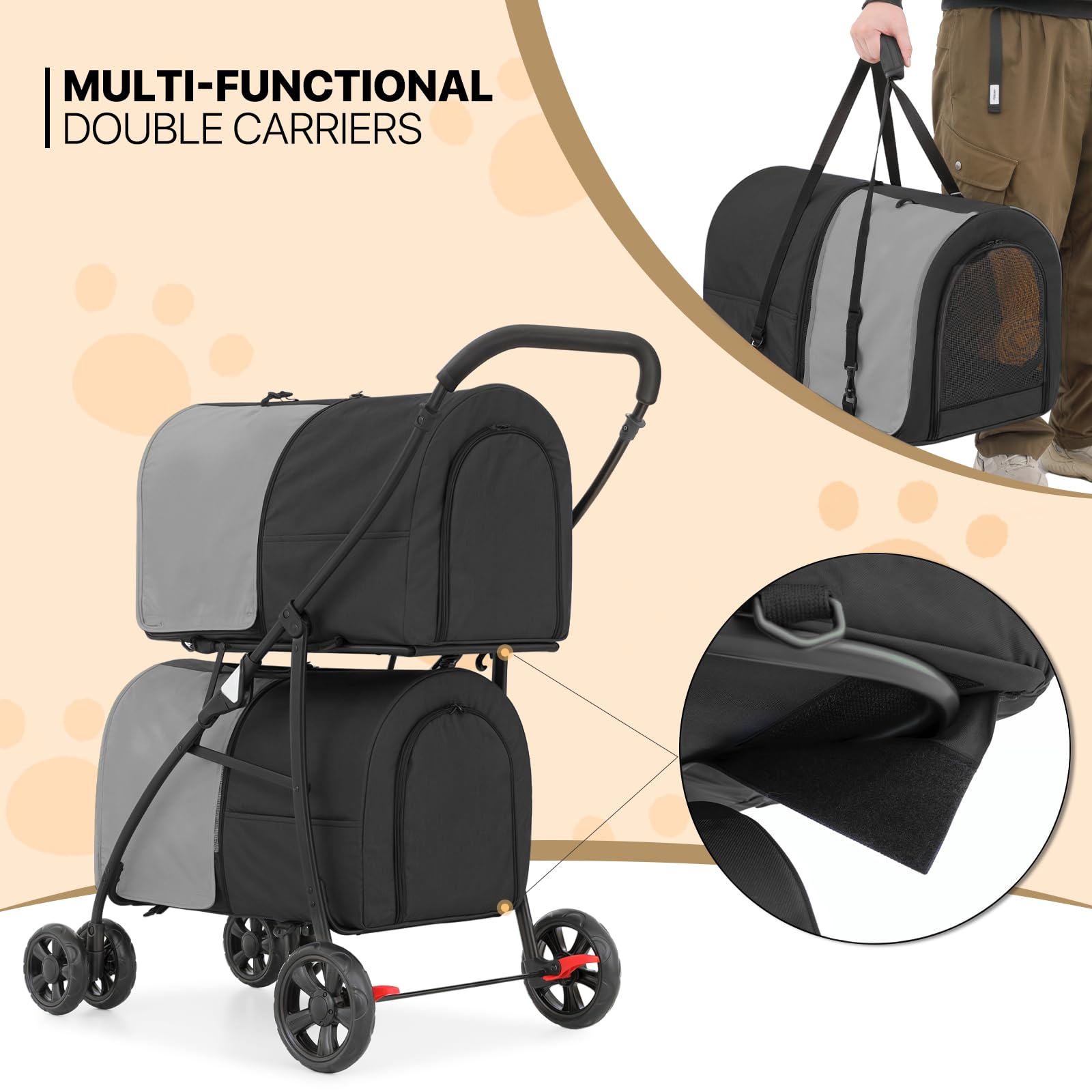 MoNiBloom Double Dog Stroller with Detachable Carrier Bags - Large 4-Wheel Foldable Pet Jogger for Small & Medium Dogs & Cats (Black/Gray) - Perfect for Park Walks, Vet Visits & Outdoor Adventures