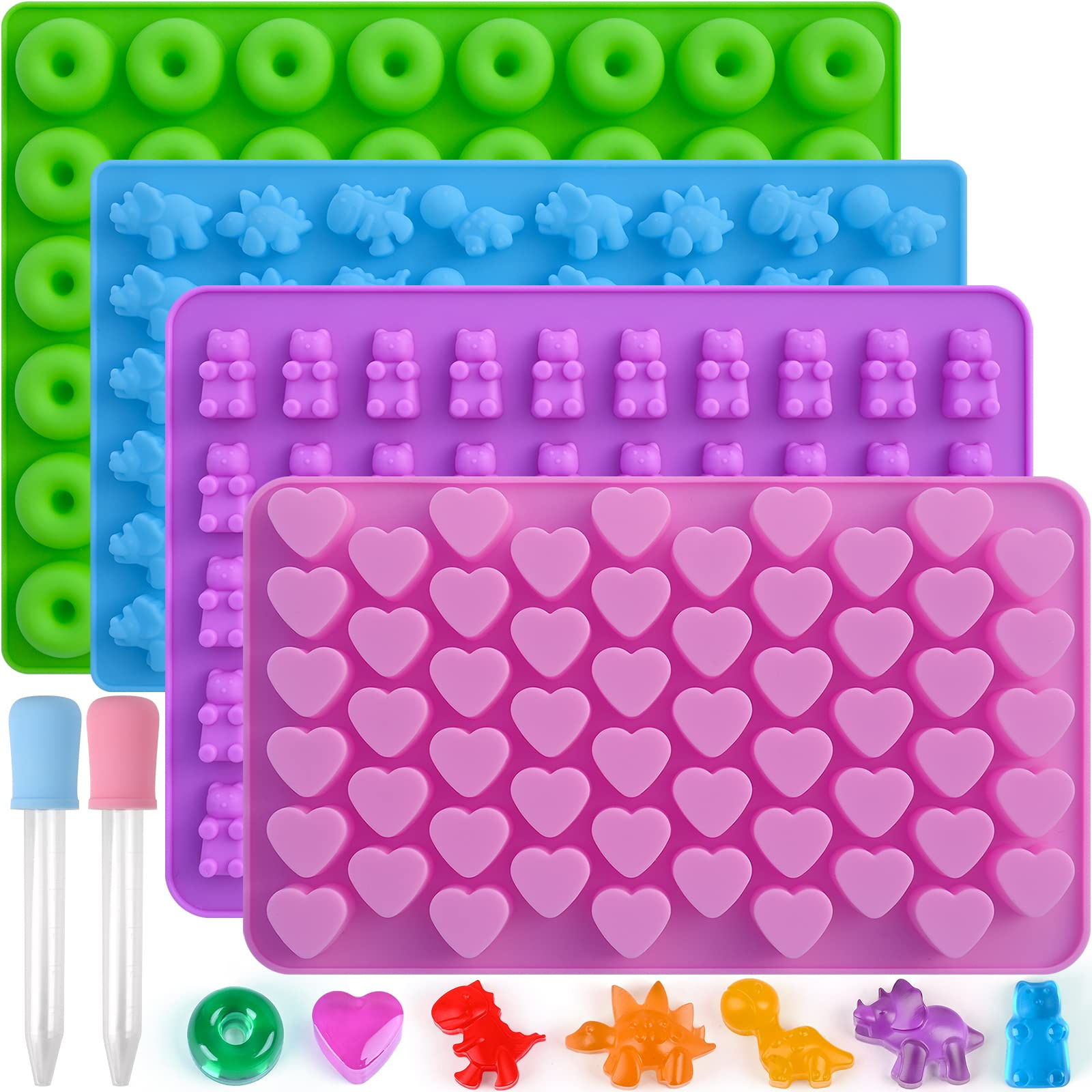 Sakolla 4-Pack Mini Silicone Gummy Candy Molds with 2 Droppers - Dinosaur, Bear, Heart & Donut Shapes for Chocolate, Candies & DIY Treats - Perfect for Kids' Birthday Parties, Baking Decorations & Homemade Snacks