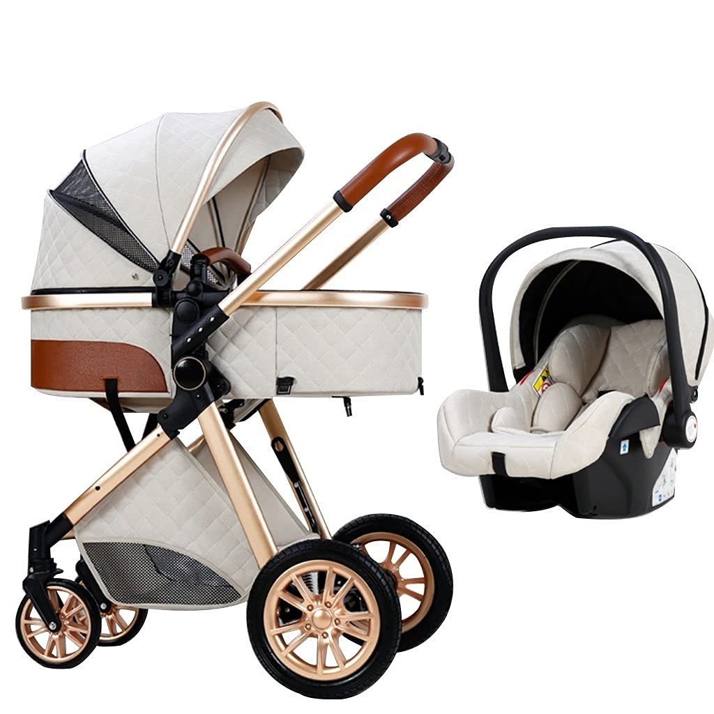 3-in-1 Luxury Compact Travel Stroller with Bassinet & Toddler Seat | Easy Fold Lightweight Baby Pushchair | High View Pram with Mommy Bag & Rain Cover (Beige) - Perfect for Air Travel, Shopping & Daily Walks