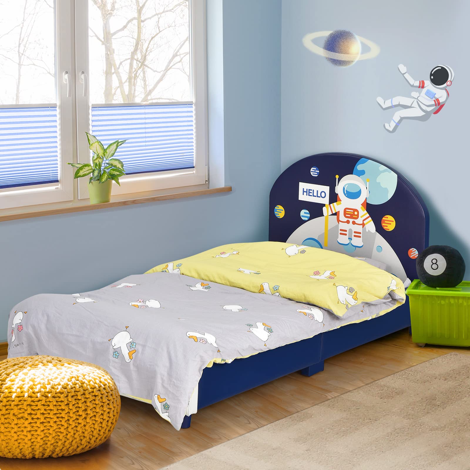 HONEY JOY Twin Bed Frame for Kids - Sturdy Wooden Platform Bed with Headboard & Slat Support, No Box Spring Required - Space Themed Children's Bedroom Furniture for Boys & Girls (Fits Standard Twin Mattress) - Perfect for Small Bedrooms, Daycare Centers & Sleepovers
