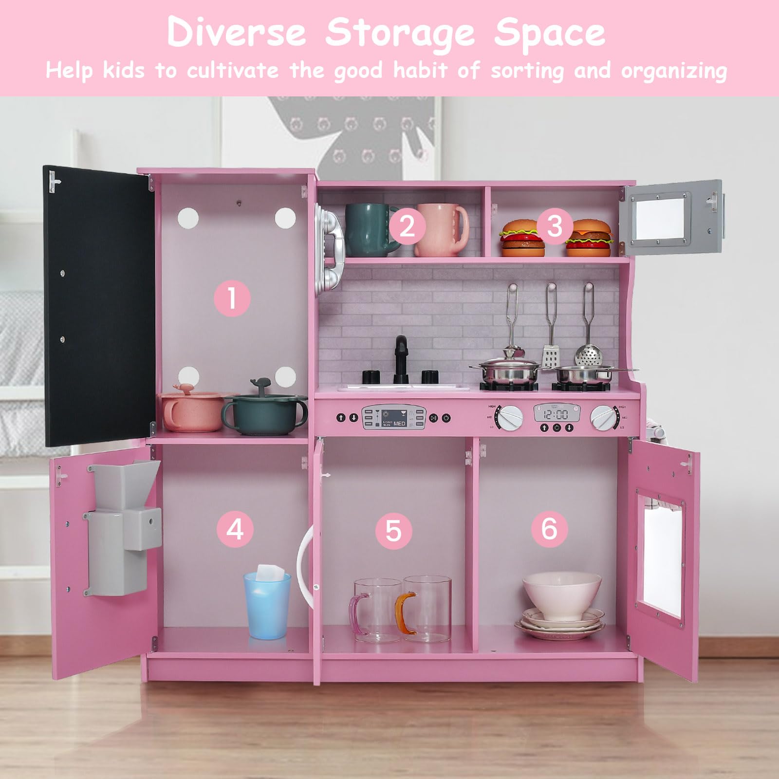 **HONEY JOY Pink Wooden Kids Kitchen Playset - Pretend Chef Toy with Chalkboard, Telephone, Utensils, Oven, Microwave & Sink - Toddler Play Kitchen for Boys & Girls - Perfect Gift for Pretend Cooking & Role Play Fun**    *(Ideal for Birthday Gifts, Preschool Learning, Imaginative Play & Toddler Development)*