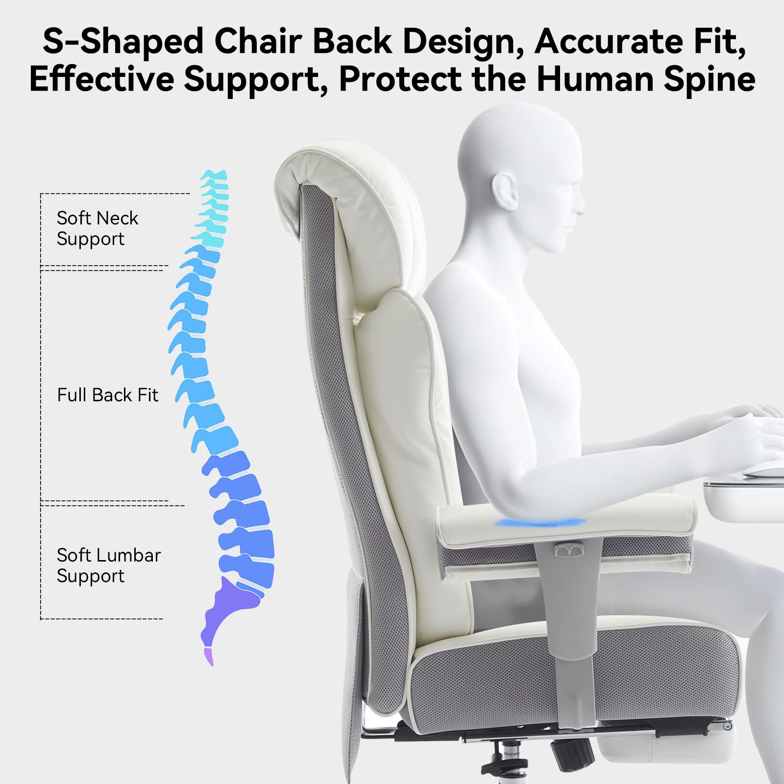 Efomao Big and Tall Office Chair 450lbs - Heavy Duty Ergonomic Executive Desk Chair with Adjustable Footrest & High Back Support - White PU Leather Computer Chair for Home Office, Gaming, and Workspaces