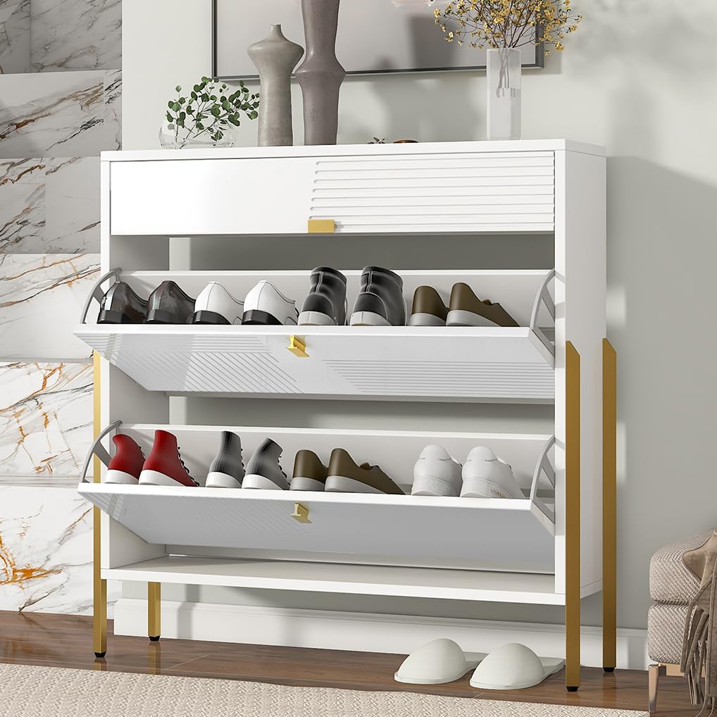 Slim Shoe Cabinet for Entryway - Modern Free Standing Shoe Rack with 2 Flip Drawers & 1 Slide Drawer, Hidden Shoe Storage Organizer for Hallway, Living Room, Bedroom - White | Space-Saving Entry Solution for Small Apartments & Homes