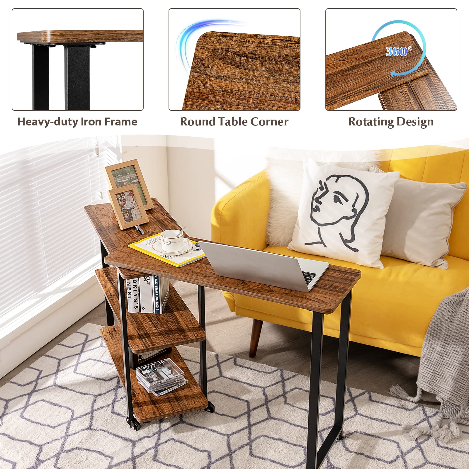 Tangkula 360° Rotating Side Table for Couch - 2-Tier Mobile Laptop Desk with Sturdy Metal Frame, Snack Table for Living Room, Bedroom & Home Office - Perfect for Working, Reading & Relaxing (Brown)