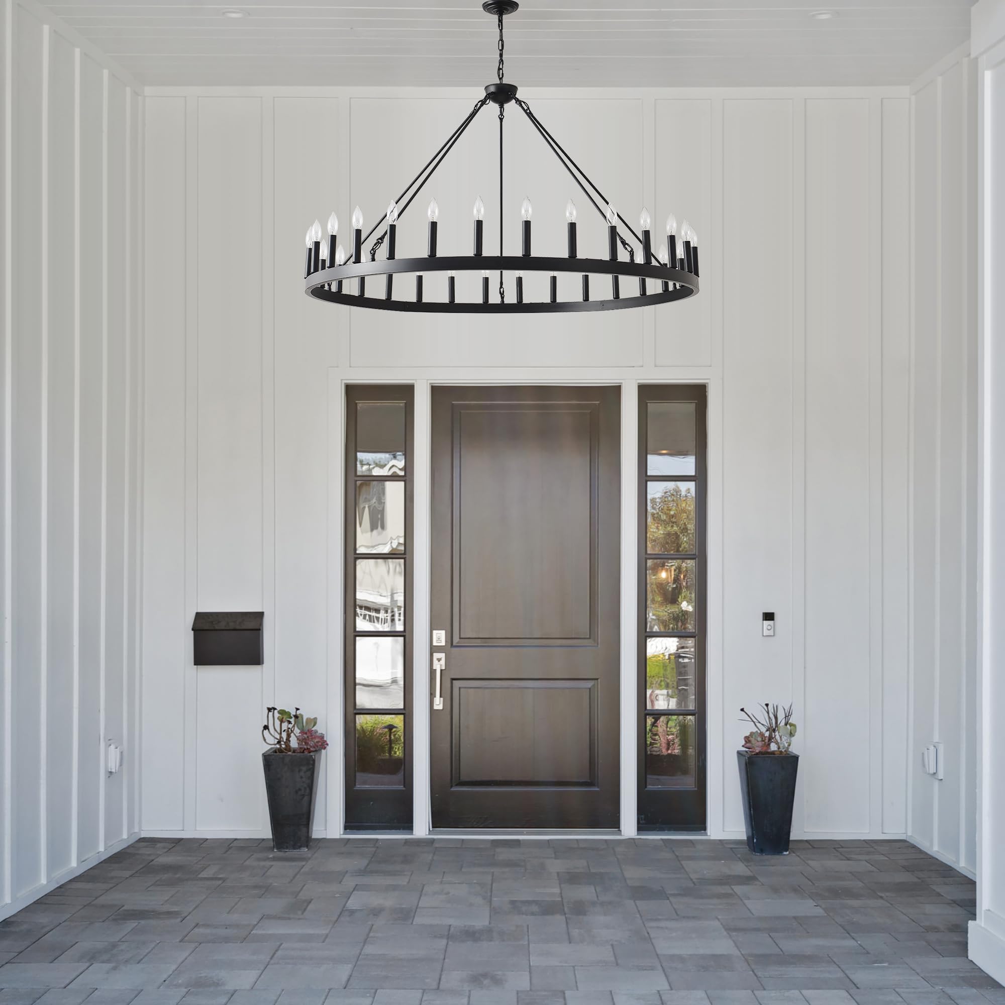 53 Inch Black Extra Large Wagon Wheel Chandelier - 30-Light Farmhouse Industrial Round Pendant Light with Adjustable Chain for High Ceilings | Perfect for Dining Room, Living Room, Foyer, and Rustic Home Decor