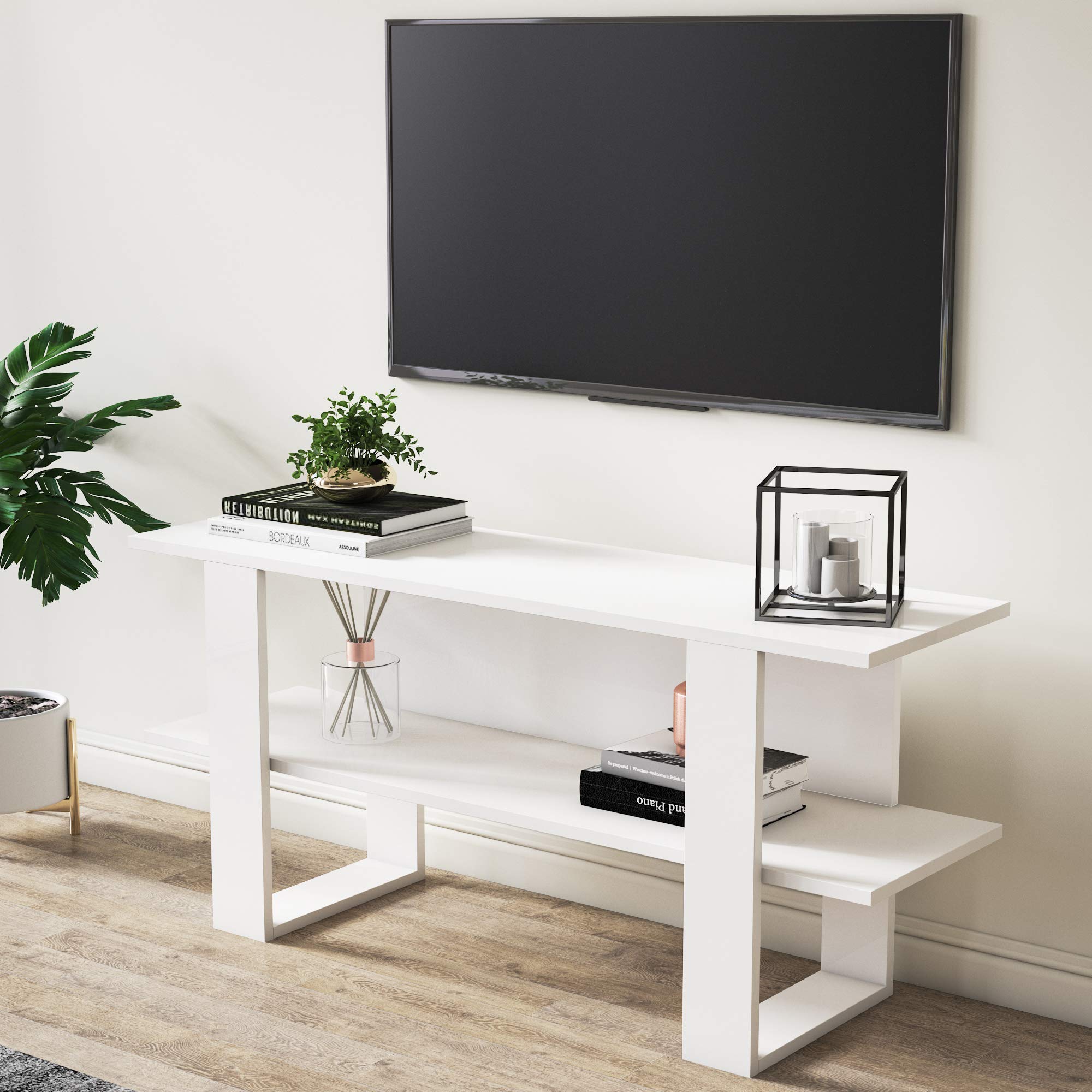 Cornellia White TV Stand for 55 Inch TVs - Modern Wood TV Cabinet with Glossy Finish - Living Room Entertainment Center for Flat Screen & LCD TVs - Perfect for Home Theater & Family Room Setup