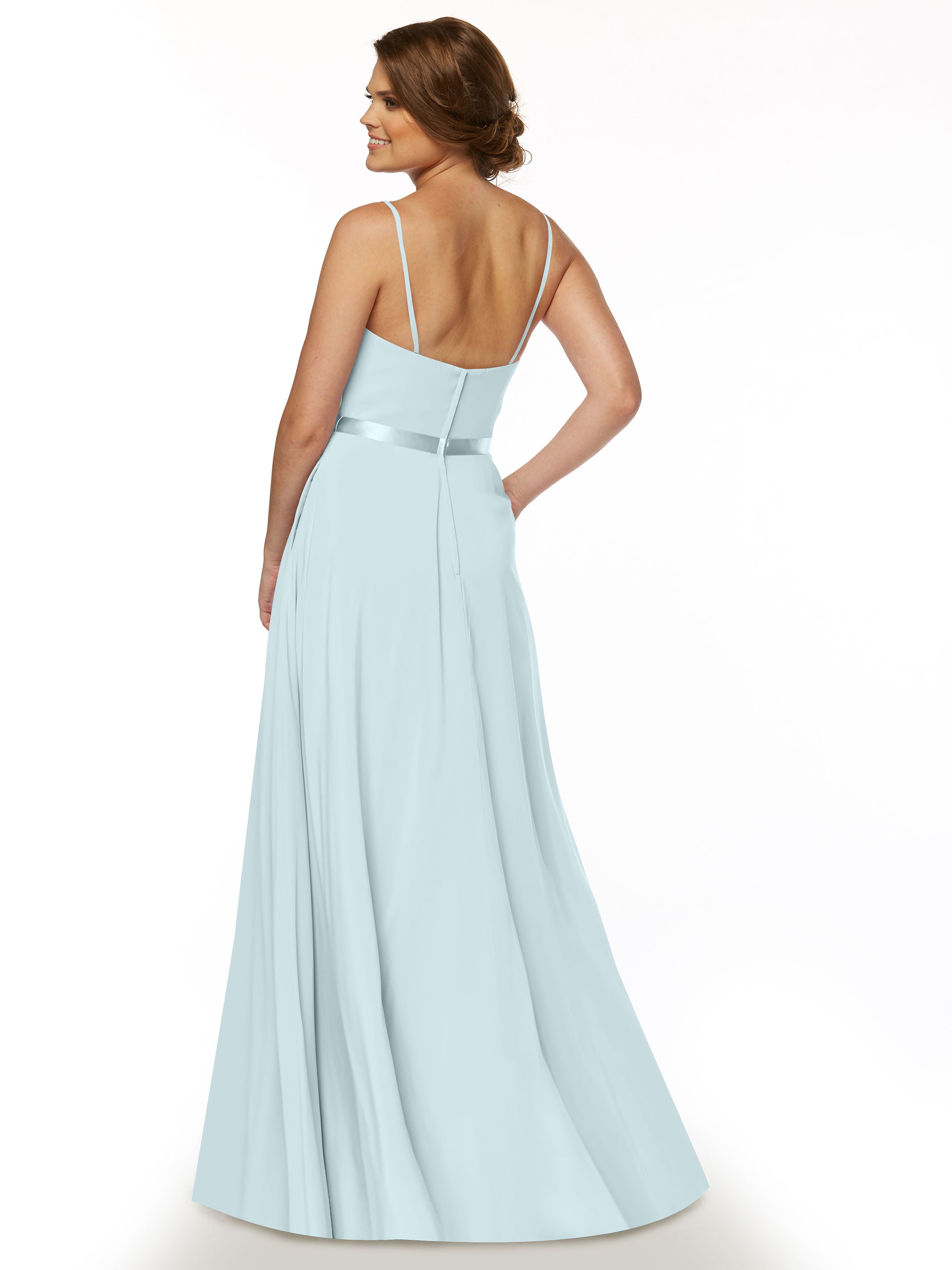 Elegant 80112 Spaghetti Strap Stretch Chiffon A-Line Bridesmaid Dress with Sash - Perfect for Weddings, Formal Events & Special Occasions