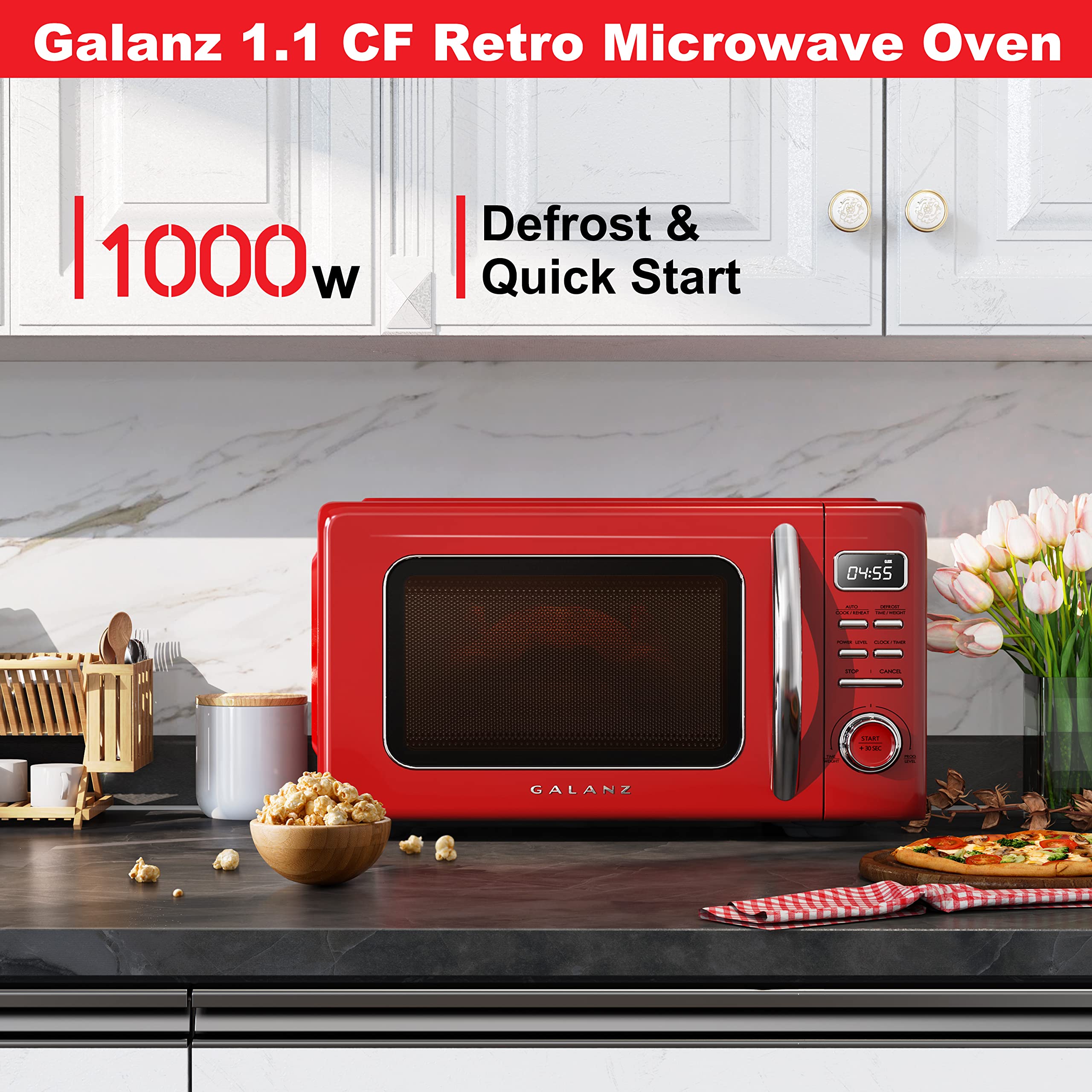 Galanz 1.1 Cu Ft Retro Red Microwave Oven with Auto Cook, Reheat & Defrost - Quick Start, Easy Clean Glass Turntable, Pull Handle - Perfect for Small Kitchens, Dorms & Office Break Rooms