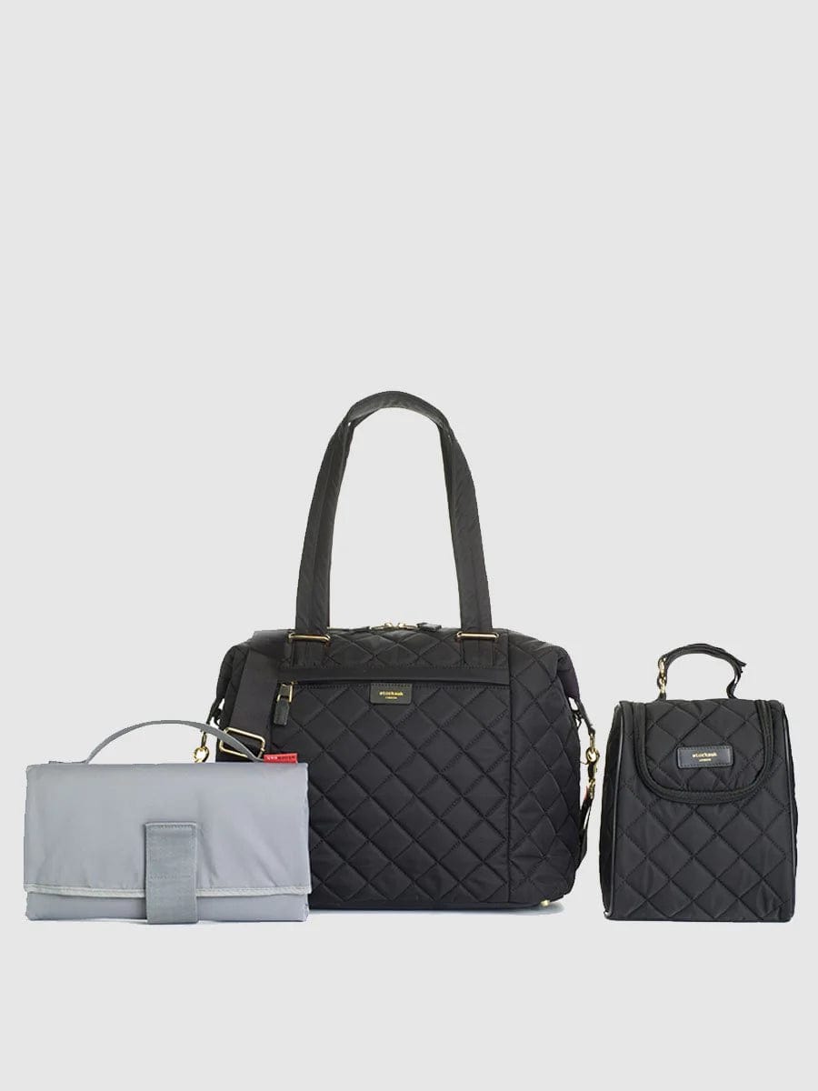 Storksak Stevie Quilted Diaper Bag - Stylish Baby Changing Bag for Moms, Large Capacity Organizer with Insulated Bottle Pockets, Perfect for Travel, Shopping & Daily Use (Black)