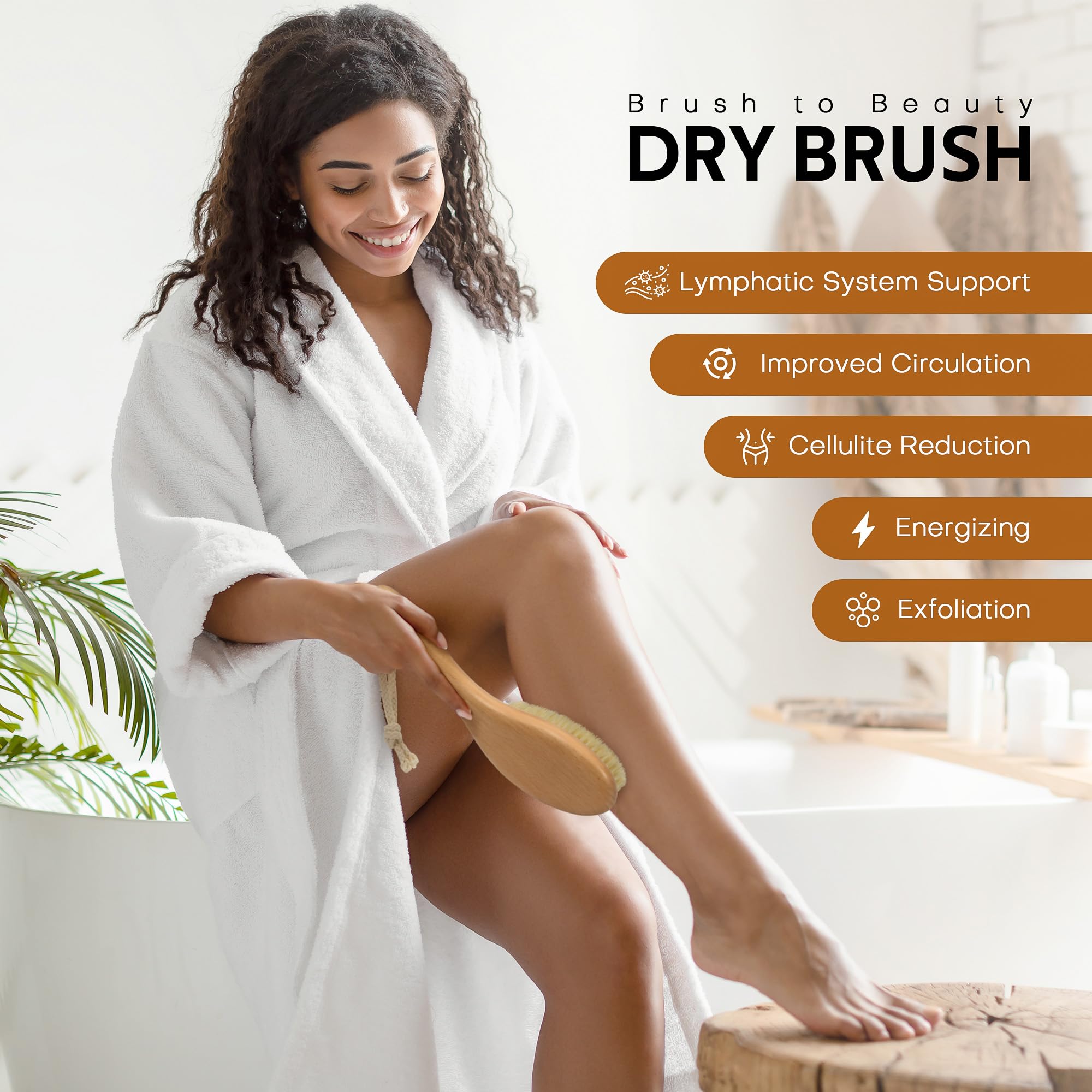 Natural Bristle Dry Body Brush for Exfoliation & Lymphatic Drainage - Cellulite Reduction & Skin Care - Perfect for Spa, Shower & Self-Care Routine