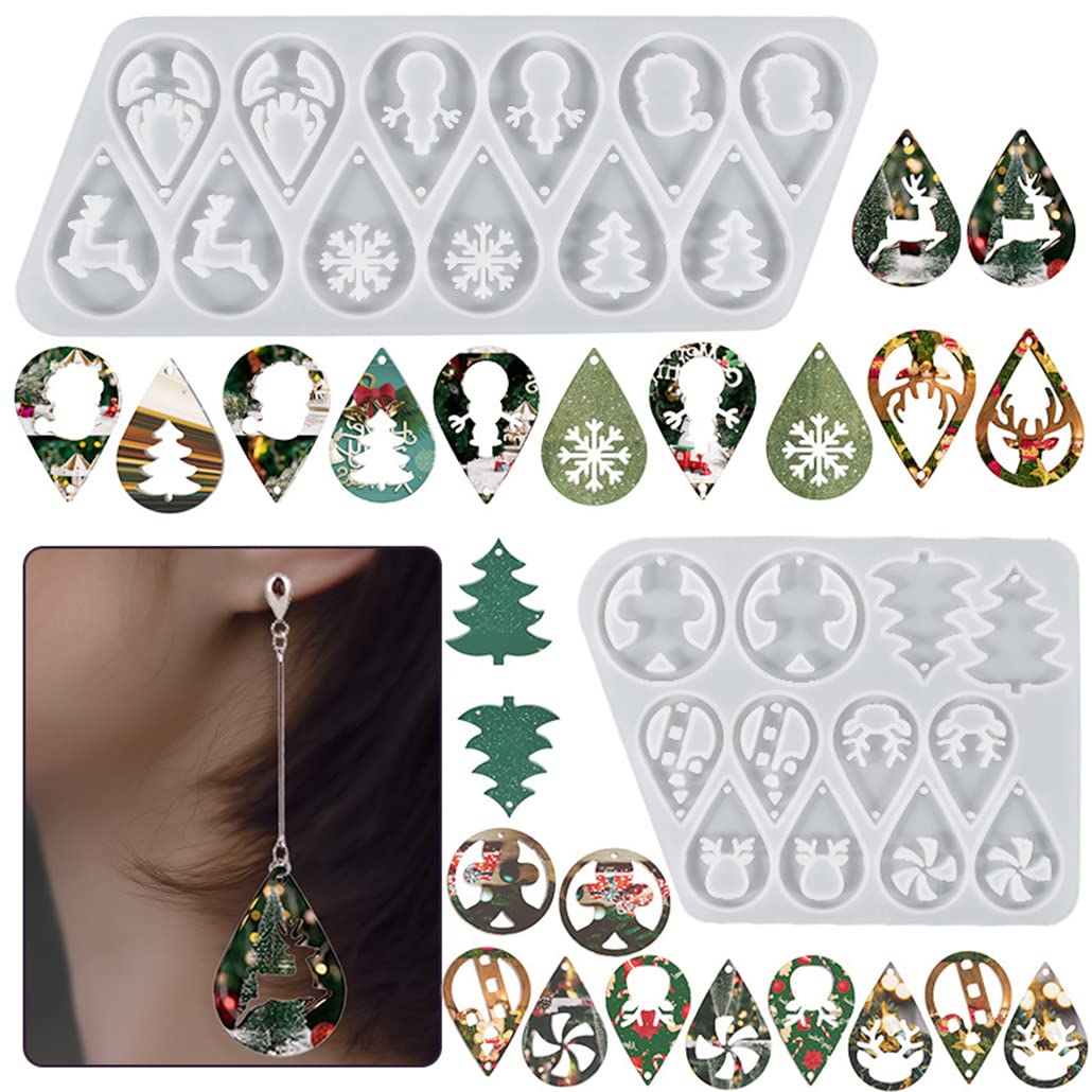 2 Pack Christmas Silicone Molds for Resin Jewelry Making - DIY Xmas Tree, Snowflake & Elk Earrings, Pendants, Keychains - Epoxy Casting Kit (12 Pairs) | Perfect for Holiday Crafts, Gift Making & Christmas Decorations