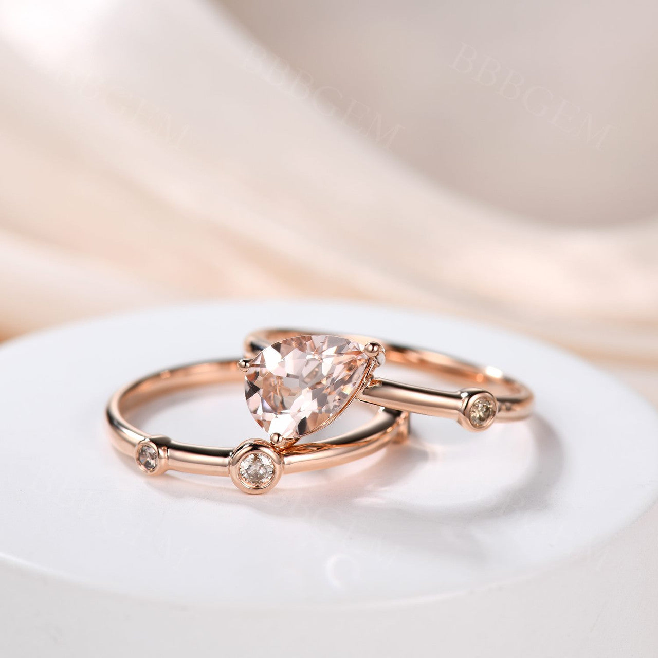 6x9mm Pear Shaped Morganite Engagement Ring Set with Coffee Diamond Accents - Perfect for Wedding Proposals, Anniversary Gifts & Special Occasions