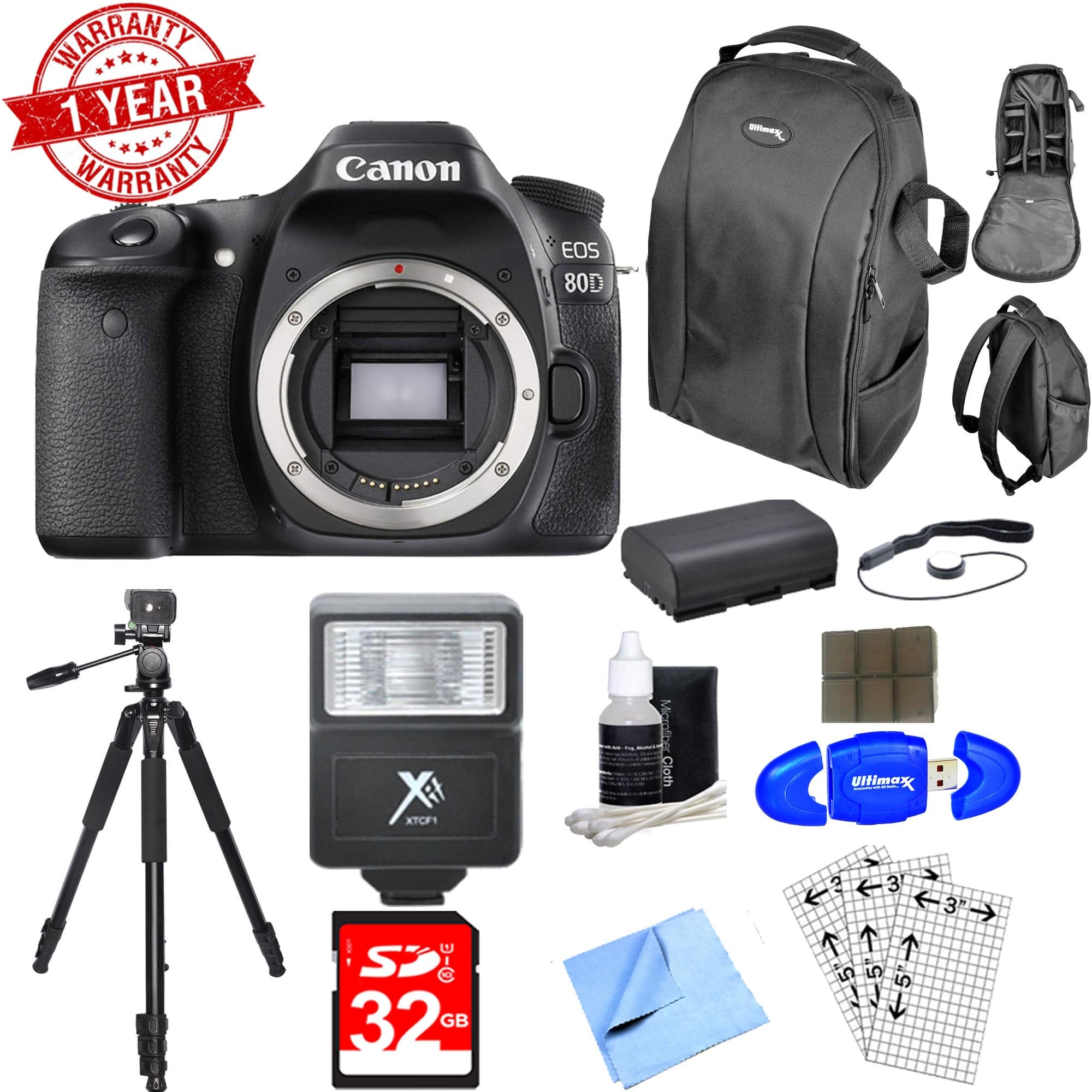 Canon EOS 80D DSLR Camera Body Only with 32GB Memory Card, Tripod, Battery, Flash & Cleaning Kit - Professional Photography for Travel, Portraits & Events