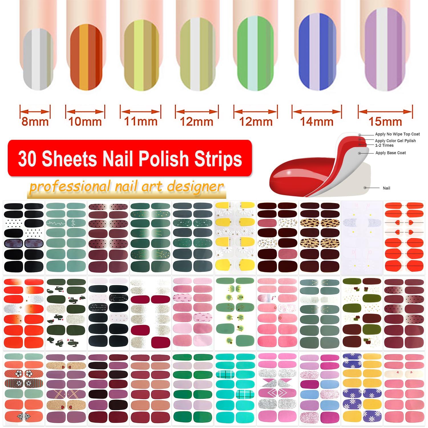 420 Pieces Nail Polish Strips - 30 Sheets Glitter Gradient Nail Wraps with Nail File, Self-Adhesive Nail Art Stickers for Women & Girls | DIY Manicure, Party Nails, Salon Quality at Home