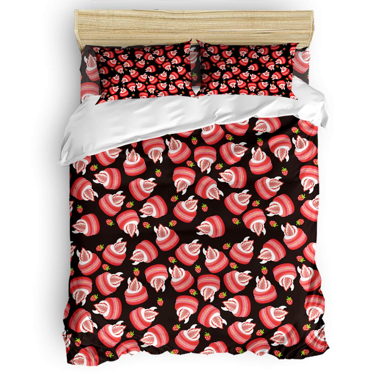 EZON-CH 4-Piece Duvet Cover Set - Twin Size Strawberry Macaroon Design with Zipper Closure | Includes 1 Duvet Cover, 1 Fitted Sheet & 2 Pillowcases | Soft Breathable Bedding Set for Kids Room, Guest Bedroom & Dorm Decor