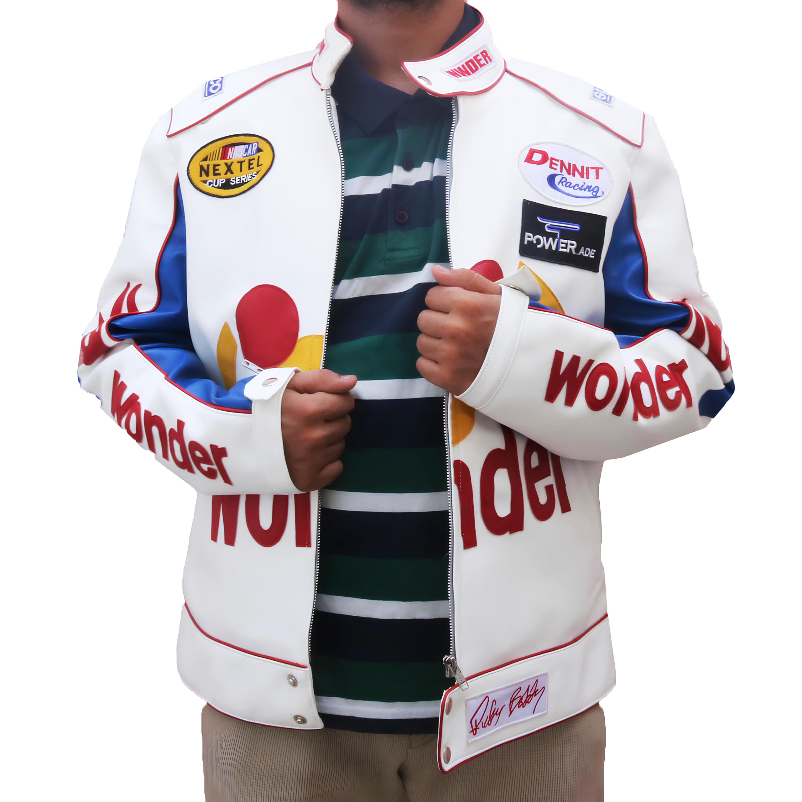 Ricky Bobby White Racing Jacket - Halloween Costume with White Patches | Faux Leather Motorcycle Racer Jacket for Men | Perfect for Cosplay, Halloween Parties & Bike Rides