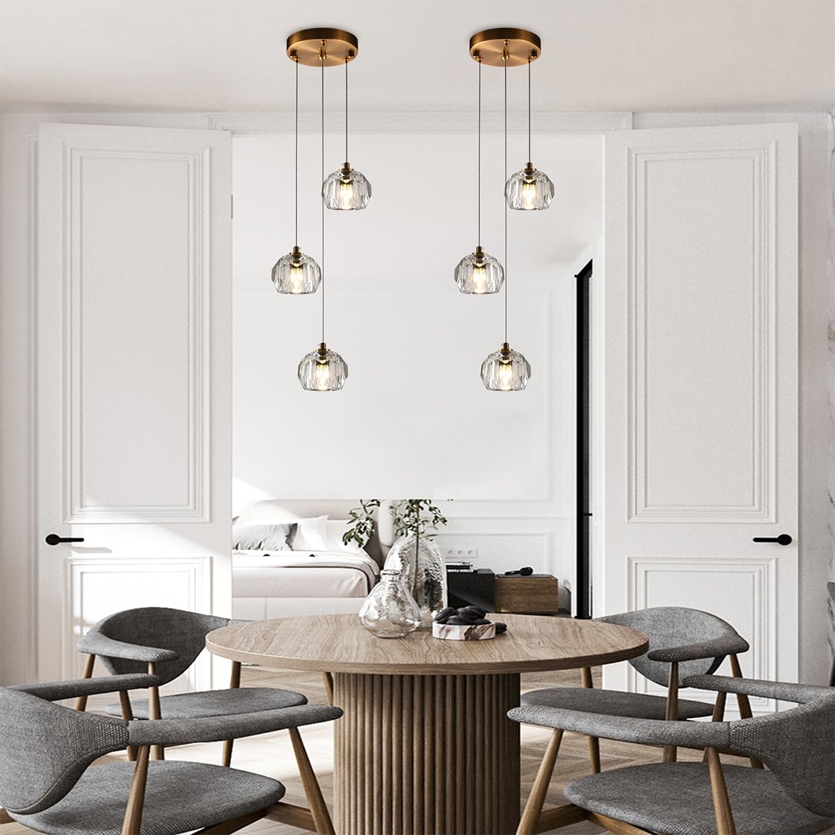 3-Light Cut Pendant Light Fixtures - 9W Brass LED Ceiling Pendant Lighting with Clear Prism Crystal - Modern Hanging Lamps for Kitchen Island, Dining Room, Bar, Living Room & Bedroom Decor
