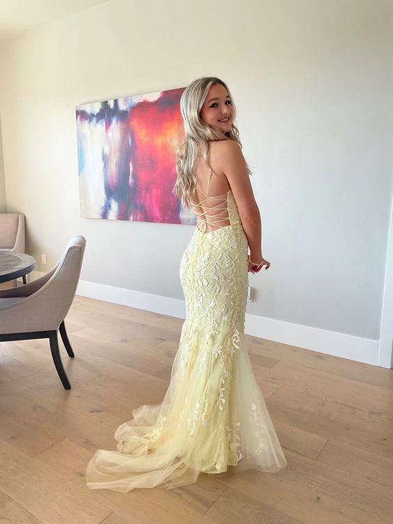 Elegant Yellow Backless Lace Prom Dress for Women - Formal Evening Gown J4496 for Homecoming, Wedding, Party & Special Occasions