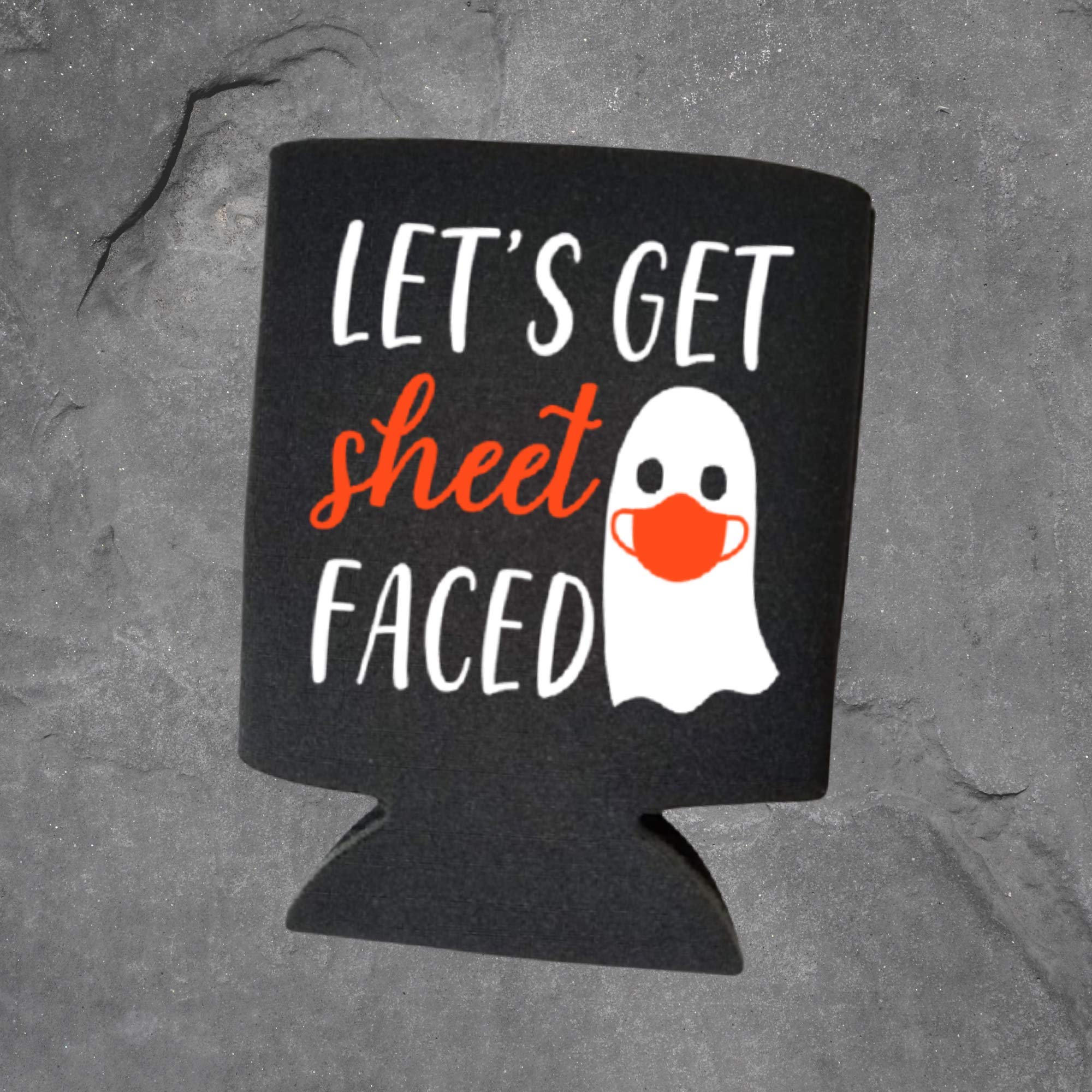 Funny Halloween Can Cooler - 'Let's Get Sheetfaced' Ghost Design - Insulated Beer Bottle Holder for Halloween Parties, Trick or Treating & Spooky Gatherings