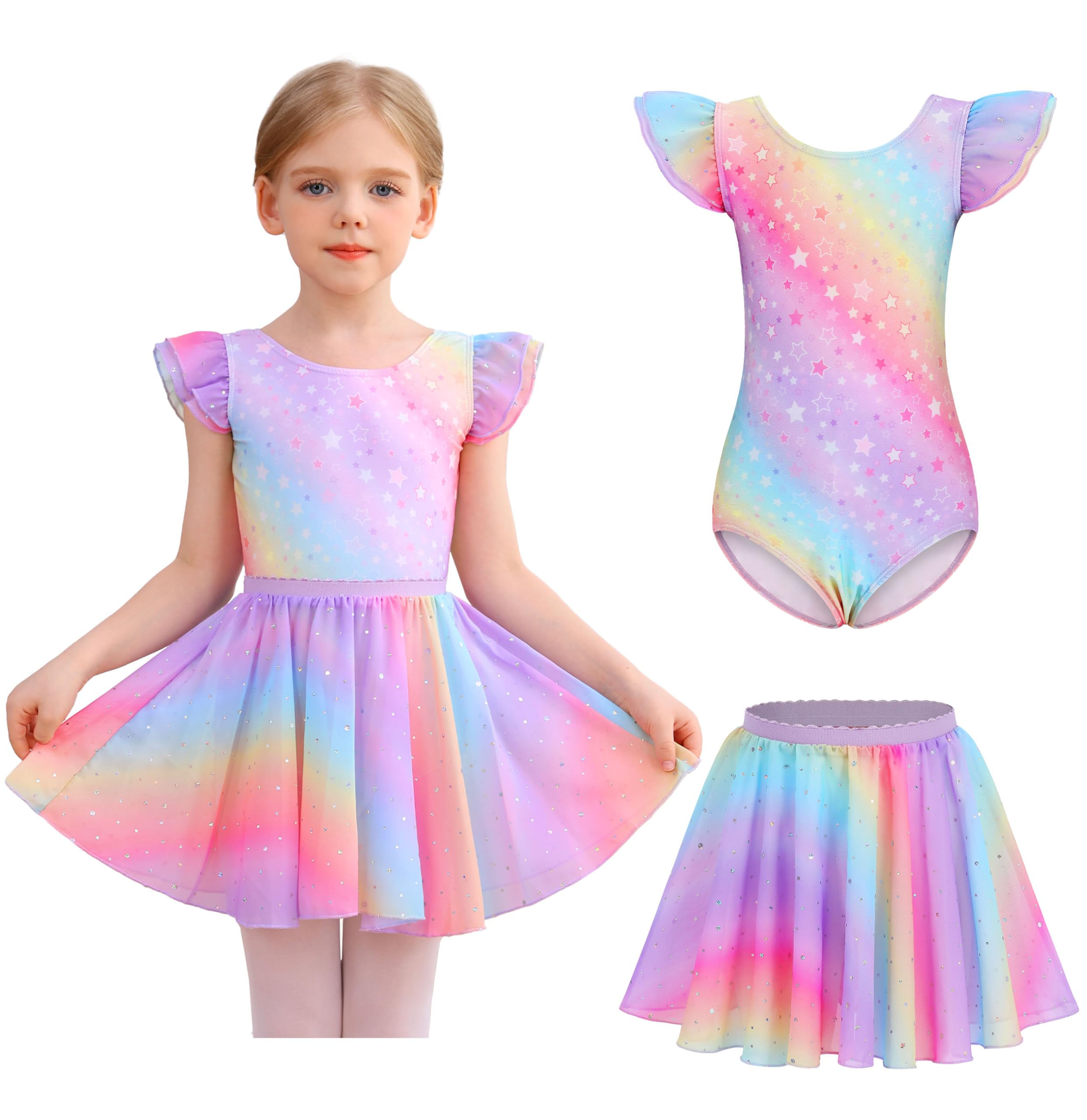 Toddler Girls Ballet Leotard with Swallowtail Tutu Skirt & Flutter Sleeves - MDNMD Dance Dress for Ballet Class, Recital, and Performance