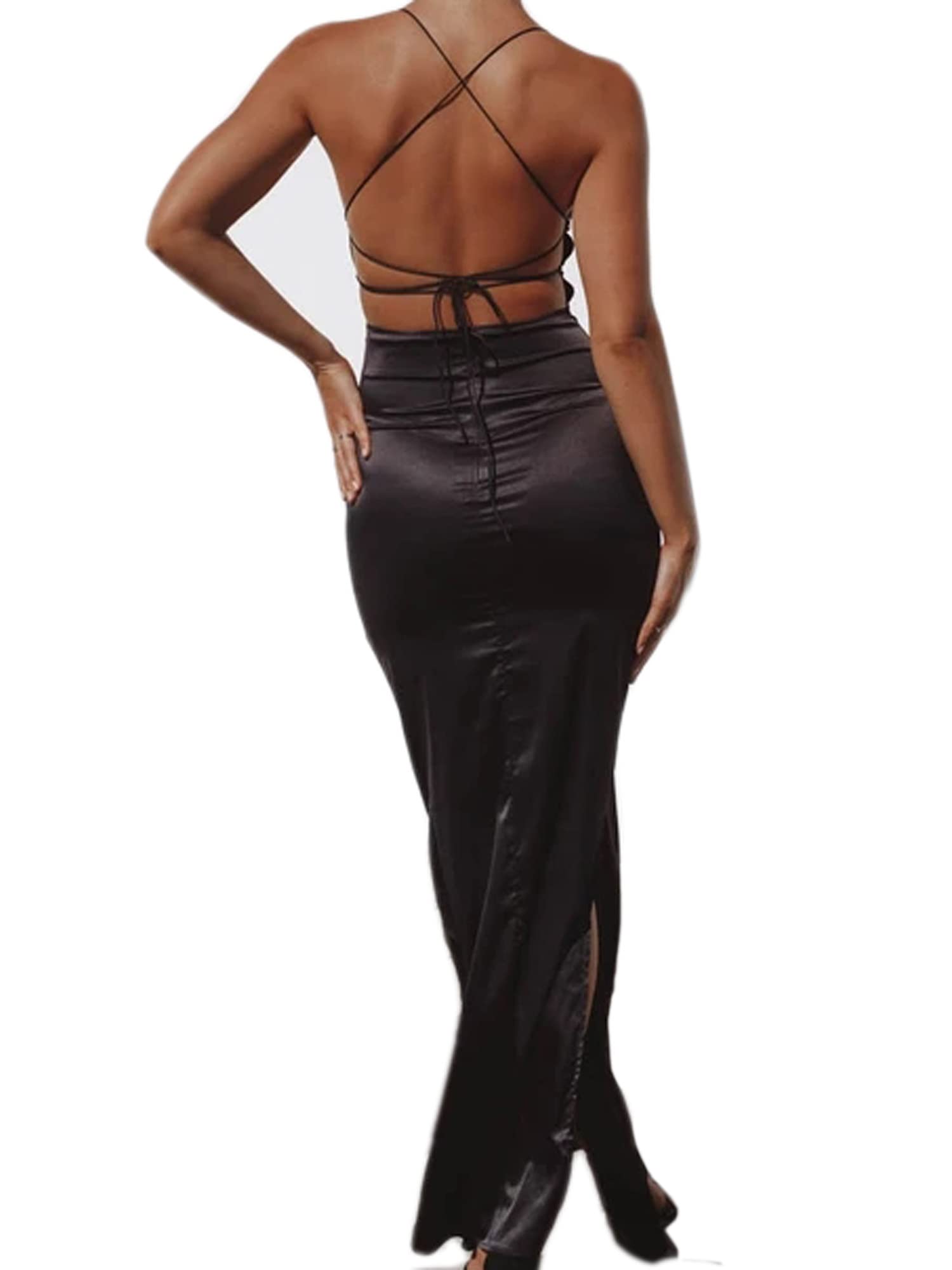 Just Quella Women's Satin Maxi Dress - Strappy Backless Evening Gown with High Slit | Elegant Formal Party Dress for Weddings, Prom, Cocktail & Black Tie Events | Perfect for Date Night, Gala & Special Occasions