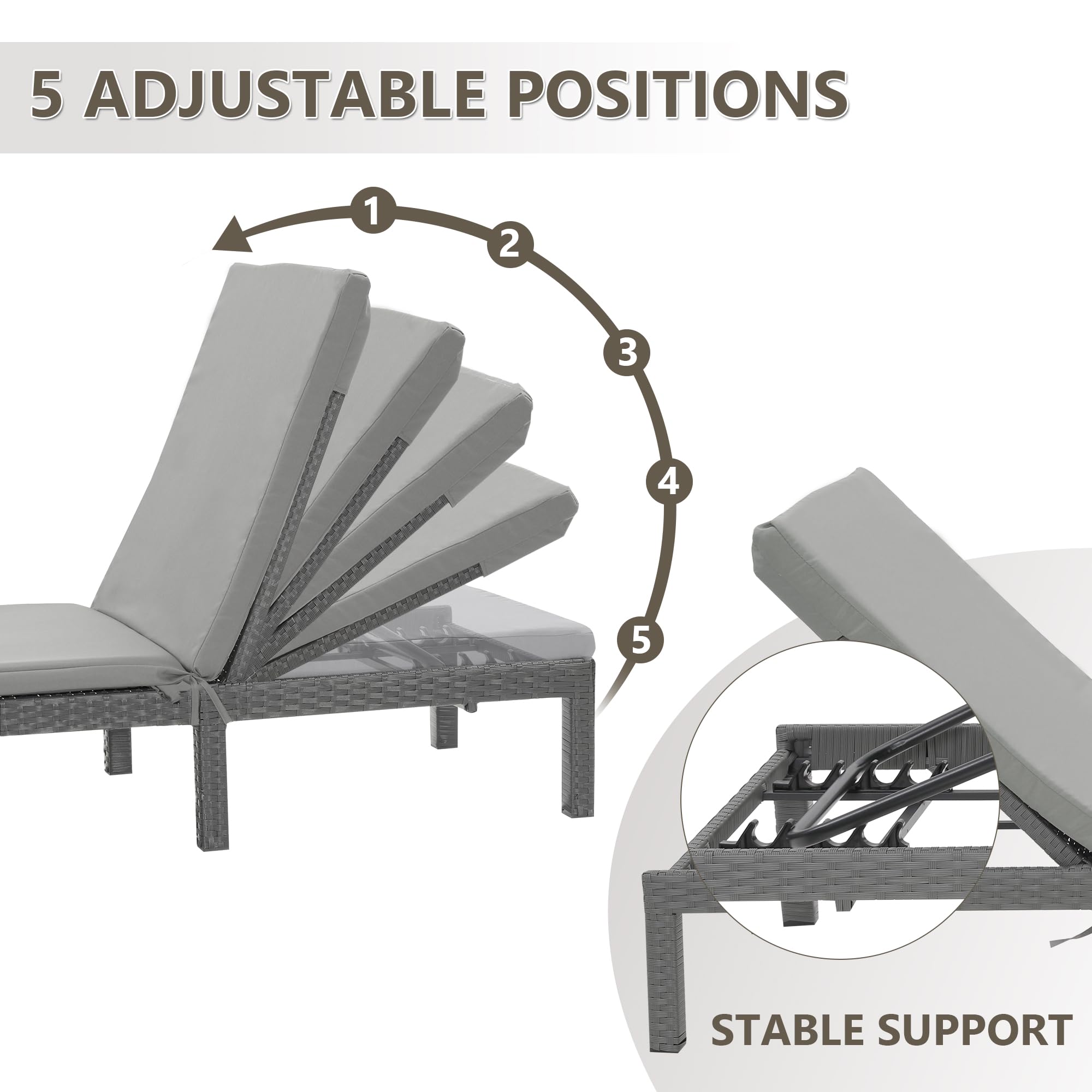 5-Position Adjustable Outdoor Chaise Lounge Chair - Grey Tanning Bed for Poolside, Beach, Patio & Backyard Relaxation | Durable & Comfortable Sunbathing Recliner