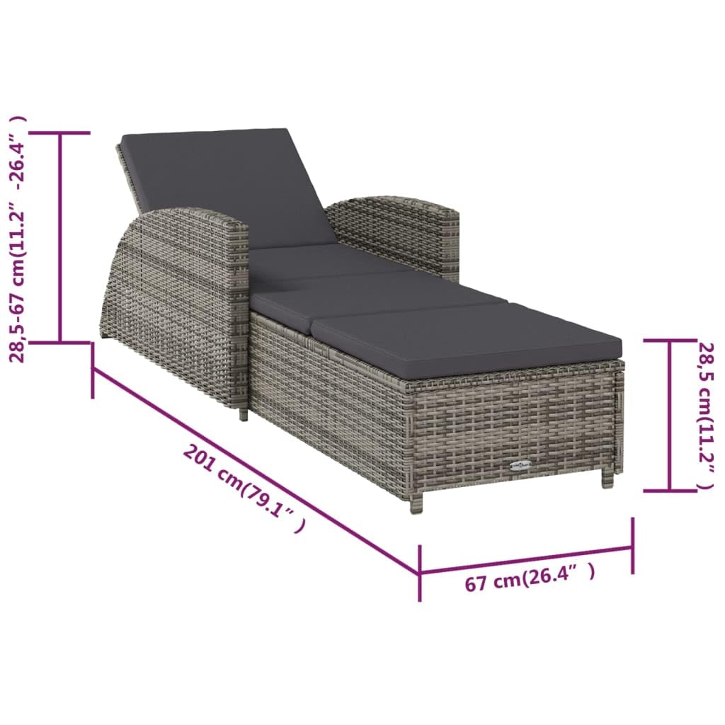 Premium Poly Rattan Sun Lounger with Dark Gray Cushion - Adjustable Backrest & Curved Armrests - Weather-Resistant Outdoor Patio Furniture for Garden, Poolside & Backyard Relaxation - Gray