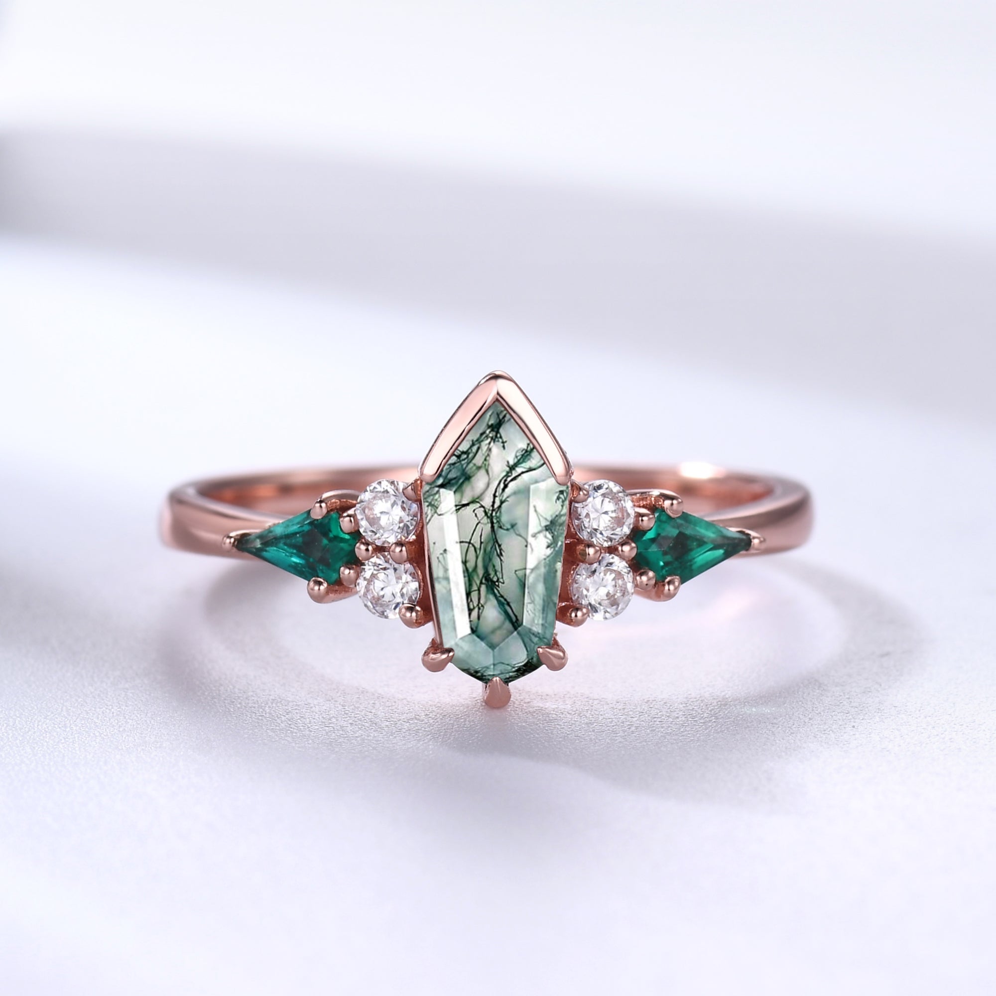 Unique Moss Agate Wedding Ring Set in Rose Gold - Gothic Engagement Ring with Coffin Shield Cut - Perfect for Alternative Weddings, Dark Romance & Gothic Bridal Jewelry