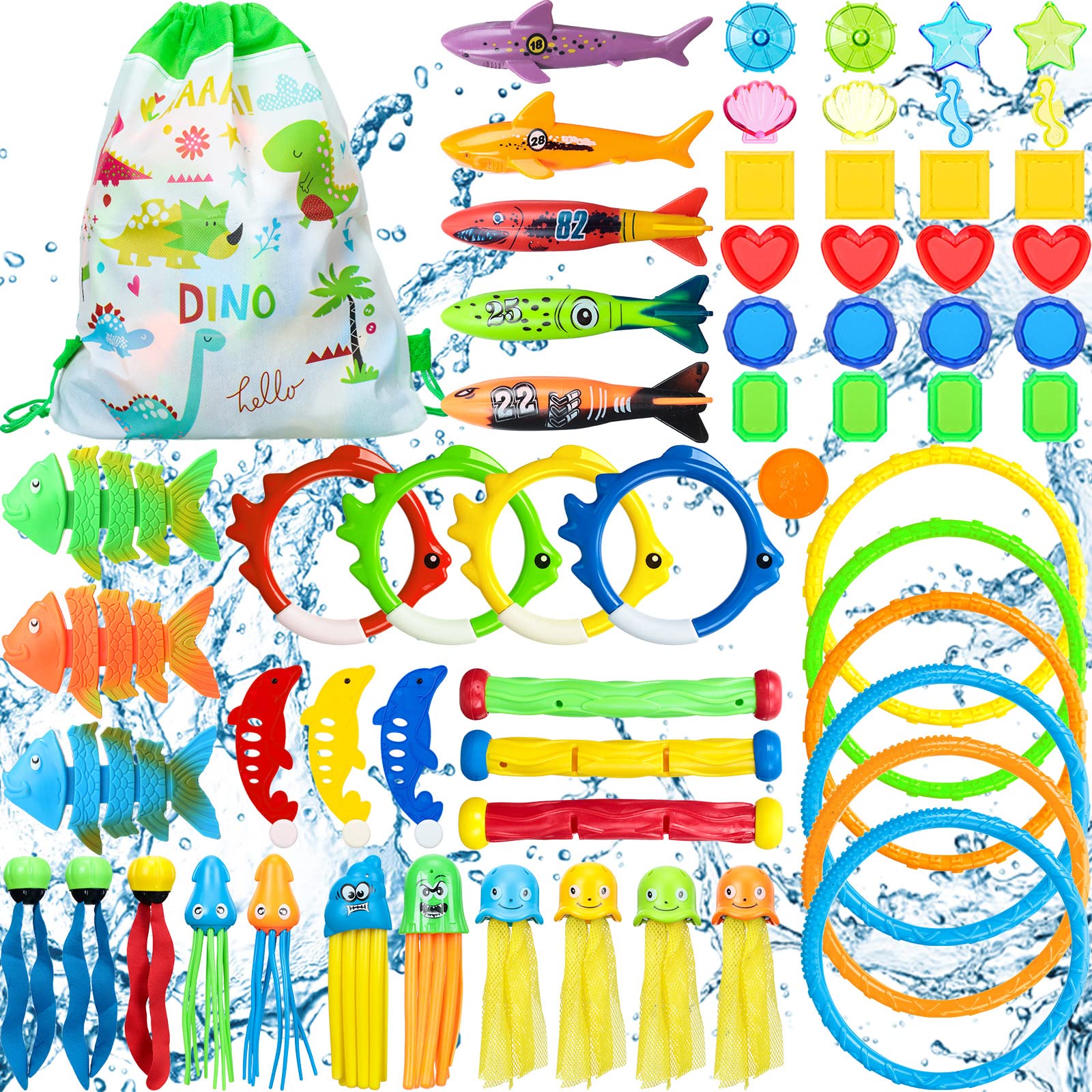 Vinsot 61 Pcs Swimming Pool Toys Set - Diving Sticks, Rings, Pirate Treasures & Fish Toys for Kids Pool Games | Summer Water Play & Swim Training Accessories | Includes Octopus Gems & Storage Bag for Easy Organization