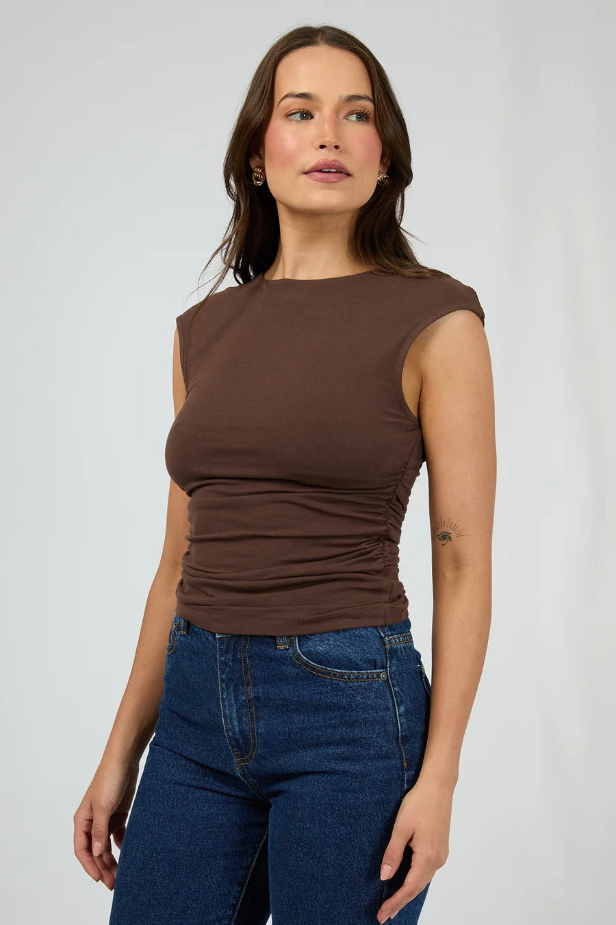 Evie Chocolate Ruched Short Sleeve Top for Women - Elegant & Flattering Fit - Perfect for Casual Outings, Dates & Office Wear