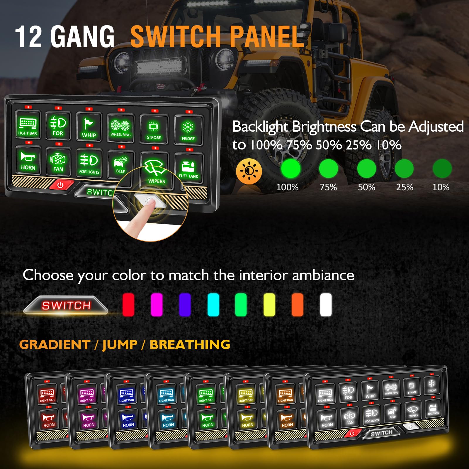 12 Gang RGB LED Switch Panel - Waterproof Aluminum Universal Circuit Control System with Relay Box for UTV, ATV, RV, Car, Boat, Truck & Trailer - Perfect for Off-Road, Marine & Vehicle Customization