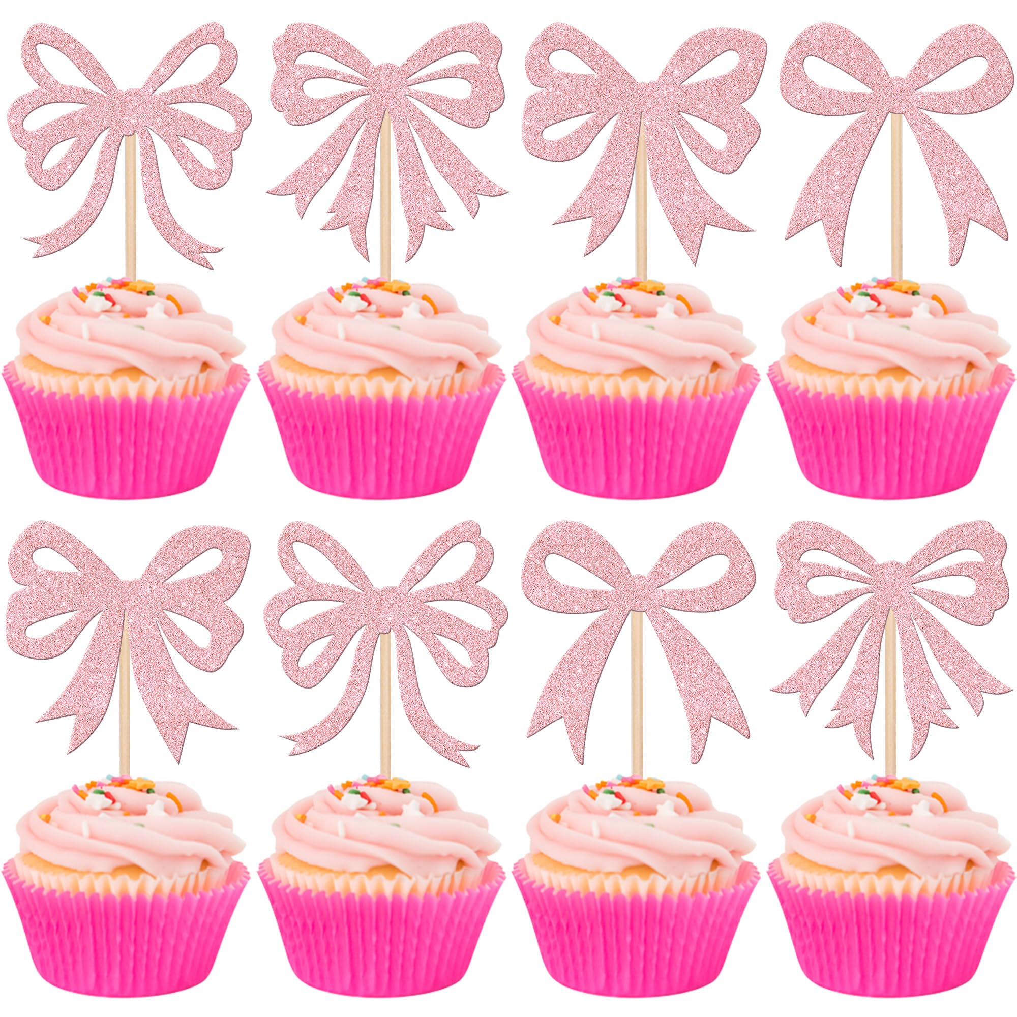 24 PCS Glitter Light Pink Bow Cupcake Toppers - Elegant Bowknot Cupcake Picks for Girls Birthday Party, Bridal Shower, Baby Shower & Bachelorette Party Decorations - Perfect for Wedding, Birthday Cakes & Dessert Table Decor