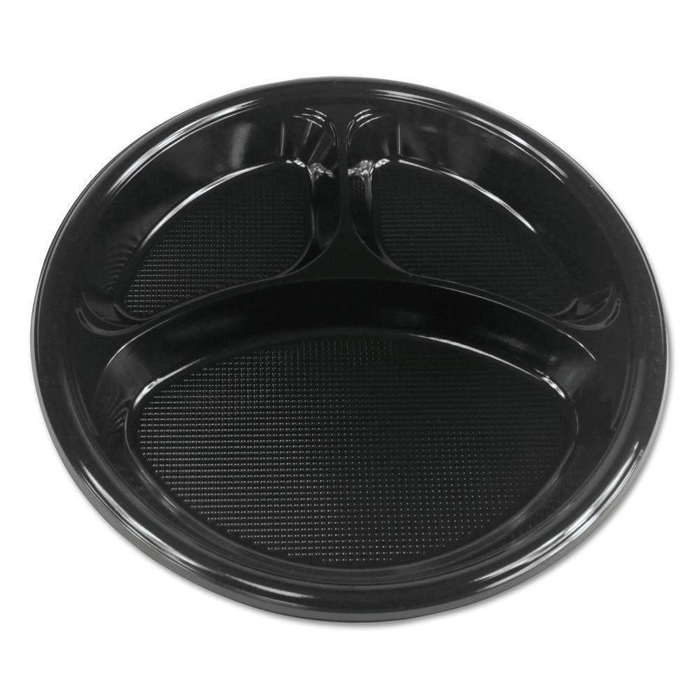 Boardwalk BWKPLTHIPS10BL3 Heavy-Duty 10-Inch Plastic Dinner Plates - 3 Compartment, Black (500/Case) - Ideal for Catering, Parties & Outdoor Dining