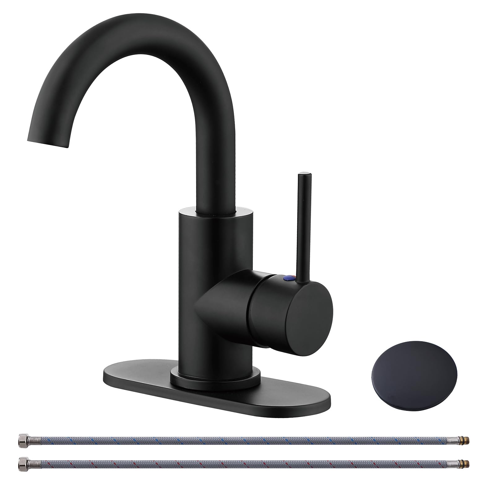 RKF Matte Black Single-Handle Bathroom Sink Faucet with Swivel Spout & Pop-Up Drain - Includes Overflow & Supply Hose - Perfect for Bathroom Vanity, Bar Sink, or Small Kitchen - Model BF3501P-MB