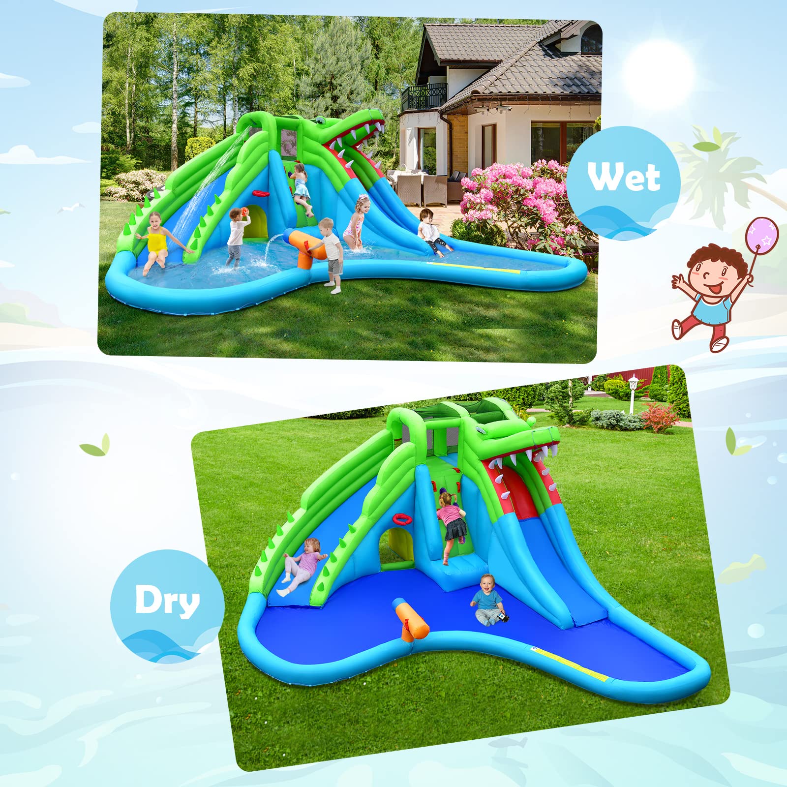 **HONEY JOY 7-in-1 Inflatable Water Slides for Kids - Crocodile Splash & Slide Water Park with Climbing Wall, Long Slide, Crawl Tunnel & Splash Pool - Outdoor Blow Up Water Park for Backyard (Blower Not Included) - Perfect for Summer Parties, Family Fun & Backyard Adventures**