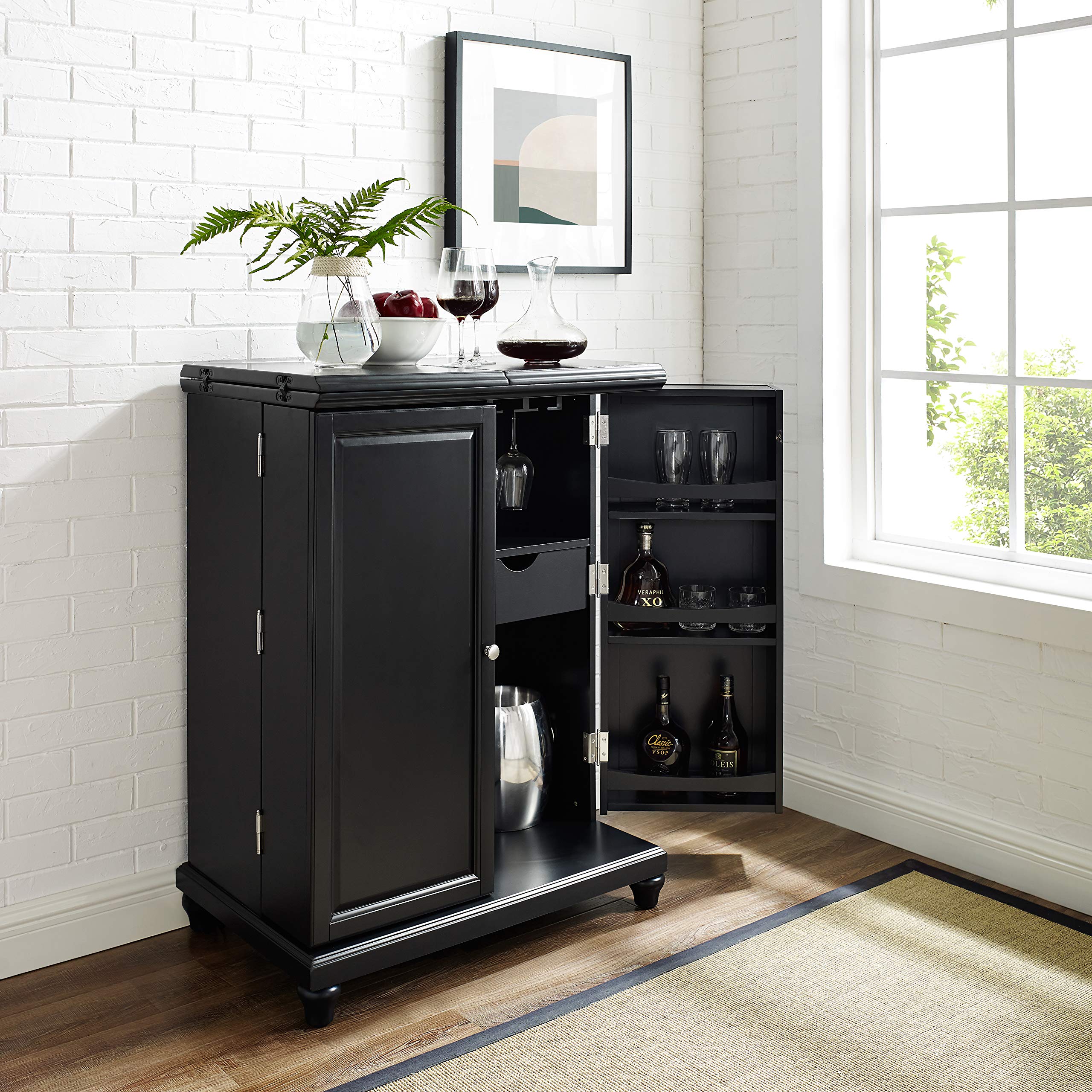 Crosley Cambridge Expandable Bar Cabinet with Storage Shelves, Drawer & Wine Rack - Black | Home Bar Furniture for Living Room, Dining Room & Entertaining