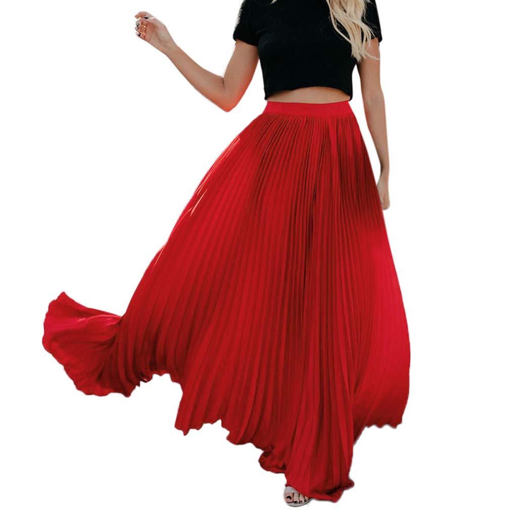 AUVICITR Women's Pleated Maxi Skirt - Solid Color Elastic Waist Flowy Swing Skirt with Ruffled Hem | Perfect for Casual Outings, Beach Vacations & Boho Fashion