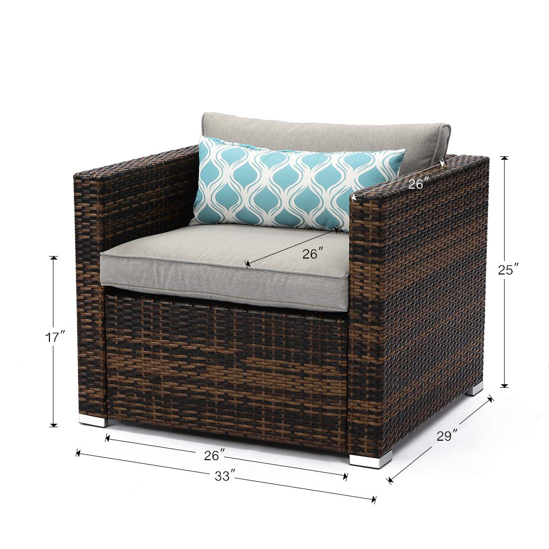 All-Weather Mottlewood Brown Wicker Patio Chair with Thick Gray Cushions & Teal Pattern Pillow - Durable Outdoor Furniture for Garden, Poolside, and Deck Relaxation