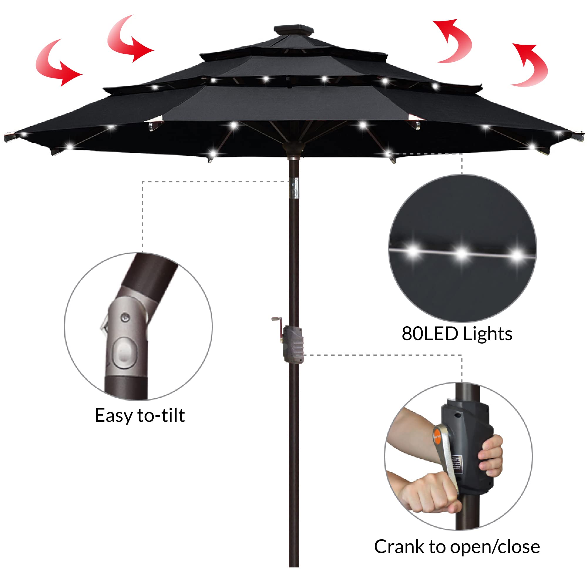 EliteShade USA 10-Year Fade-Resistant 9ft 3-Tier Solar Patio Umbrella with 80 LED Lights - Outdoor Market Umbrella with Ventilation for Garden, Poolside & Restaurant (Black) - Perfect for Backyard, Deck & Commercial Use