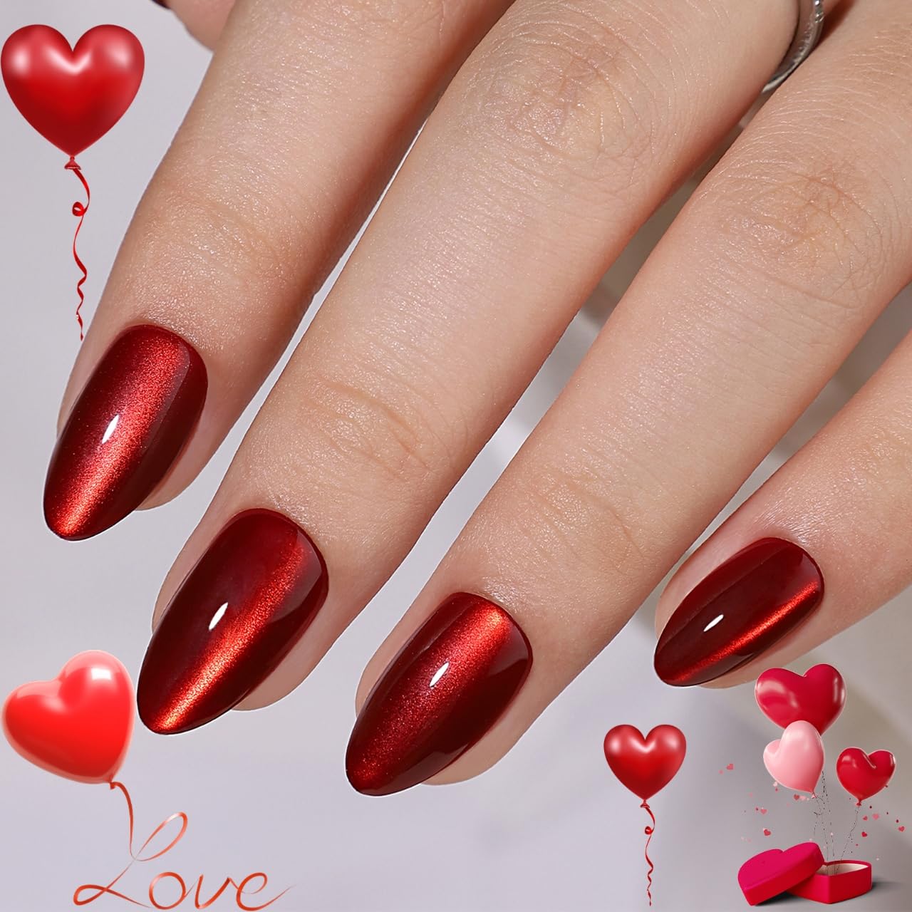 **Aurora Mirror Red Soft Gel Press on Nails Short Almond - 32pcs 16 Sizes Glossy Glitter Cat Eye Nails with Nail Glue | Reusable Fake Nails for Women | Perfect for Parties, Weddings & Everyday Glam**