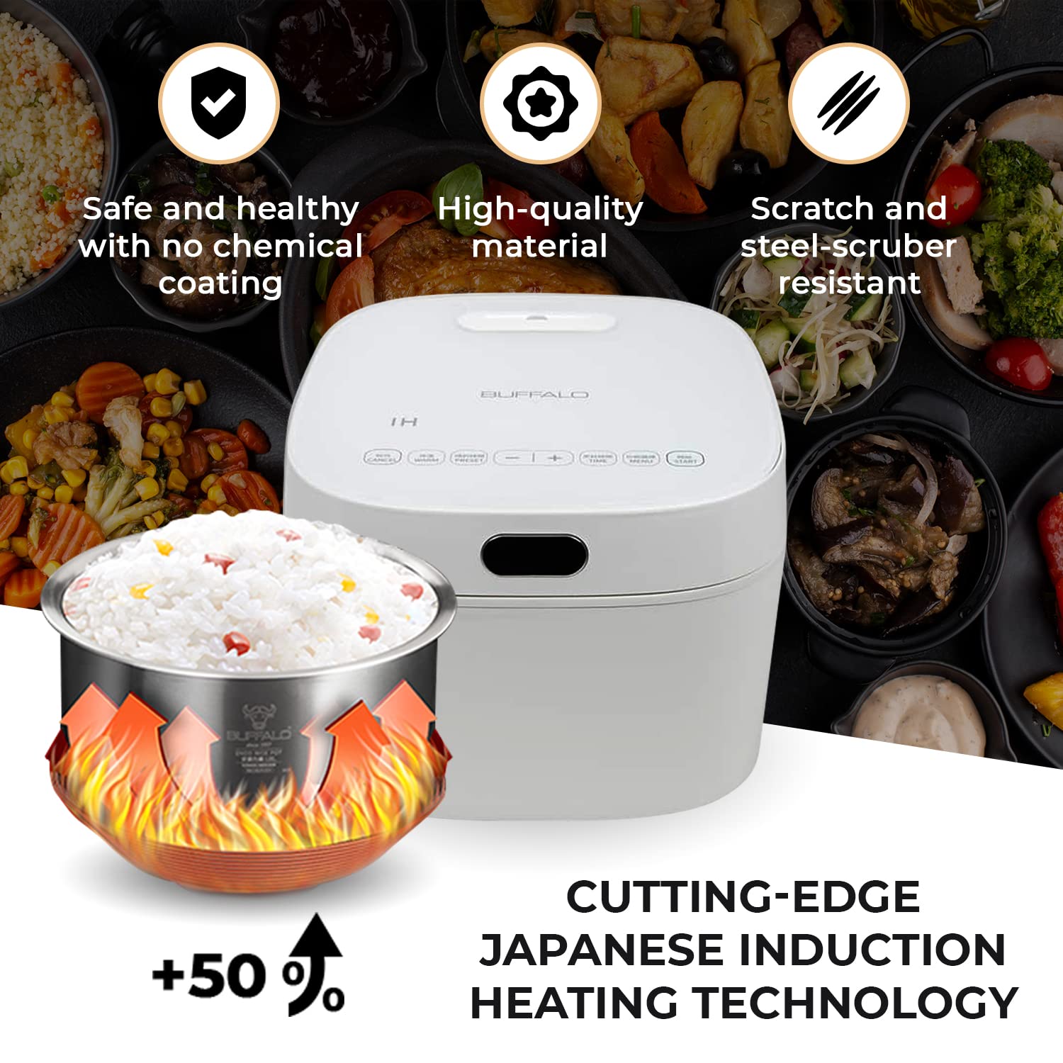 Buffalo SMART COOKER IH Rice Cooker & Warmer - 1L (5 Cups) Non-Stick Inner Pot, Multi-Function, Energy Efficient, White | Perfect for Small Families, Dorms & Office Use