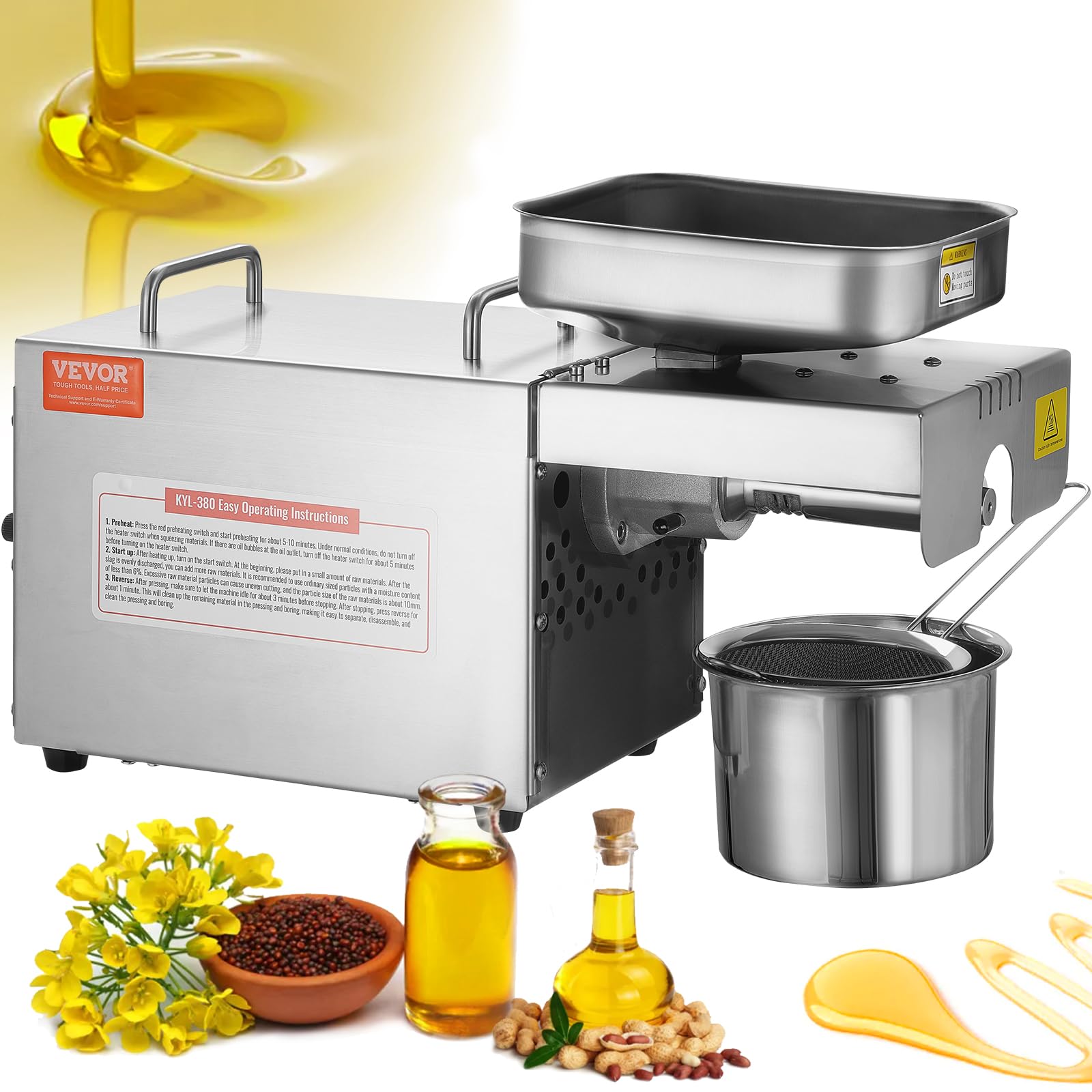 Happybuy 700W Electric Oil Press Machine - Stainless Steel Hot Press Oil Extractor for Organic Coconut, Almond, Peanut Oil - Perfect for Home Use & DIY Natural Oils