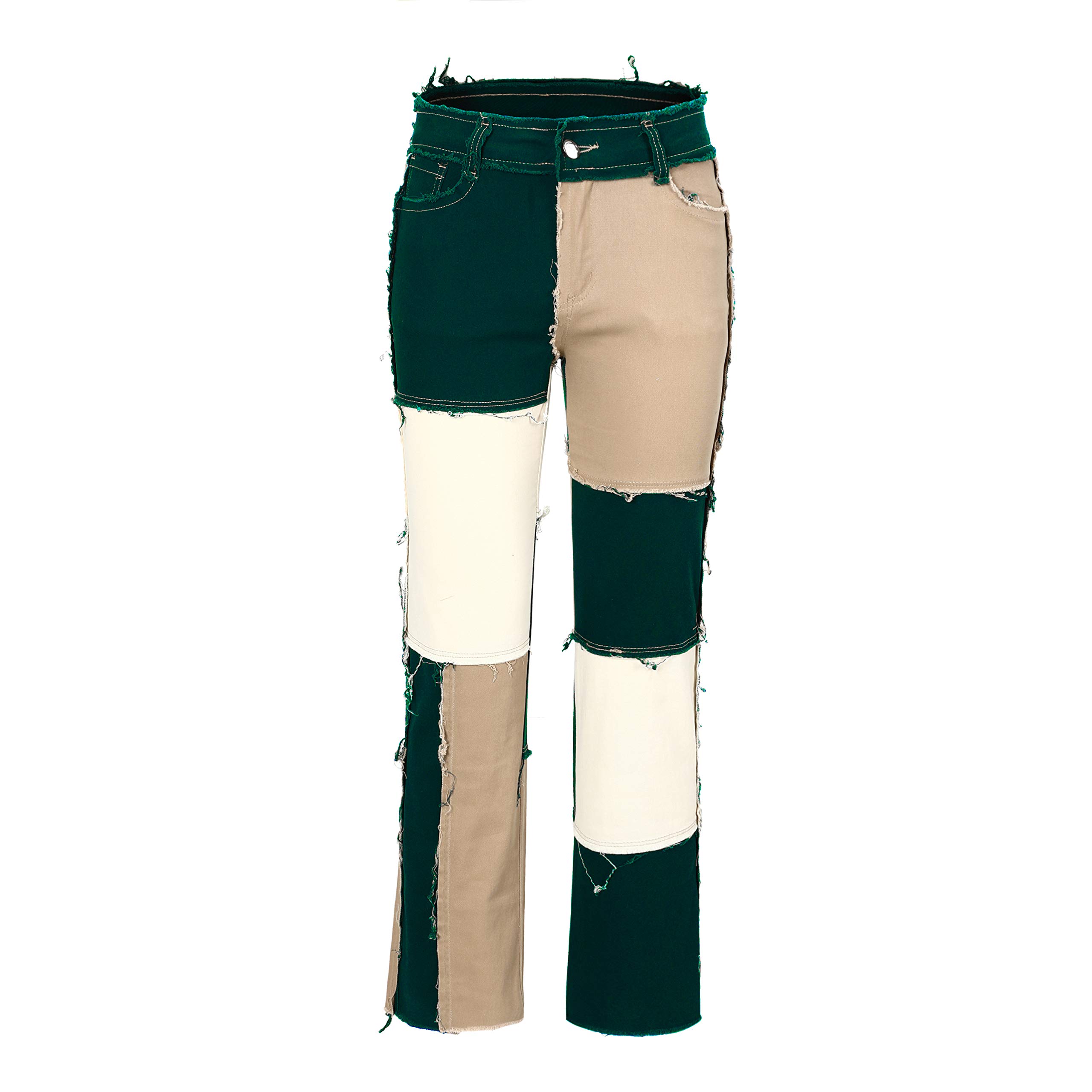 THUNDER STAR Women's Patchwork Straight Leg Jeans - Mid Rise Stretch Denim Pants with Frayed Hem for Casual Wear & Street Style