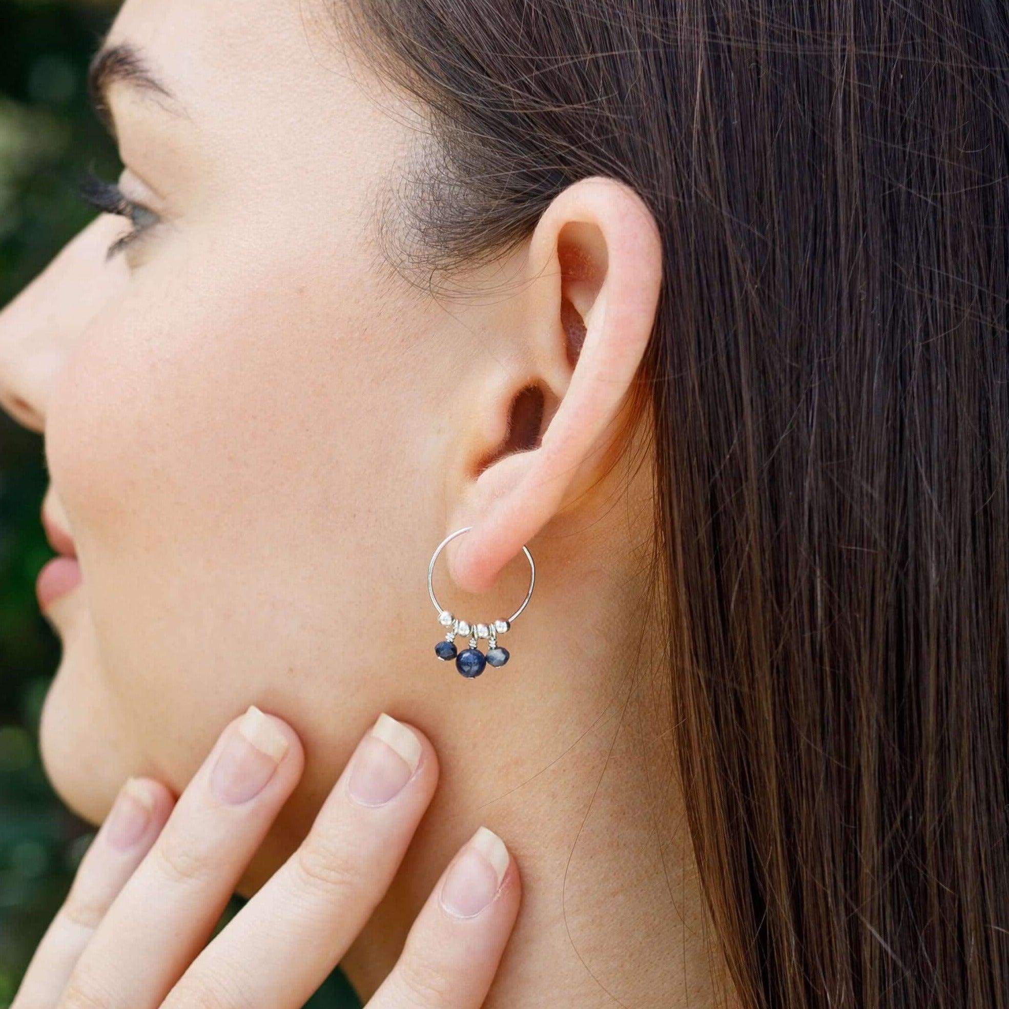 Natural Blue Sapphire Gemstone Beaded Drop Hoop Earrings for Women - Elegant Dangle Jewelry for Parties, Weddings & Special Occasions
