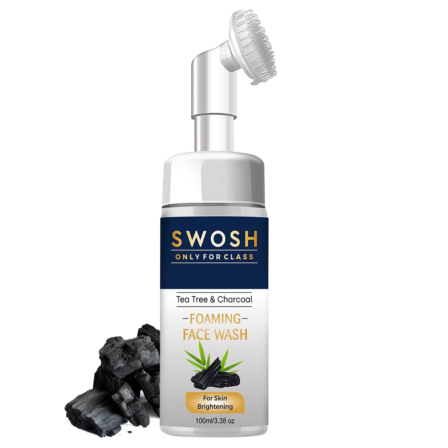 Swosh Activated Charcoal & Tea Tree Oil Face Wash 100ml with Built-in Silicone Brush | Deep Cleansing, Oil Control for Normal to Oily Skin - Gentle Exfoliating Facial Cleanser for Women & Men | Perfect for Daily Skincare Routine and Acne-Prone Skin