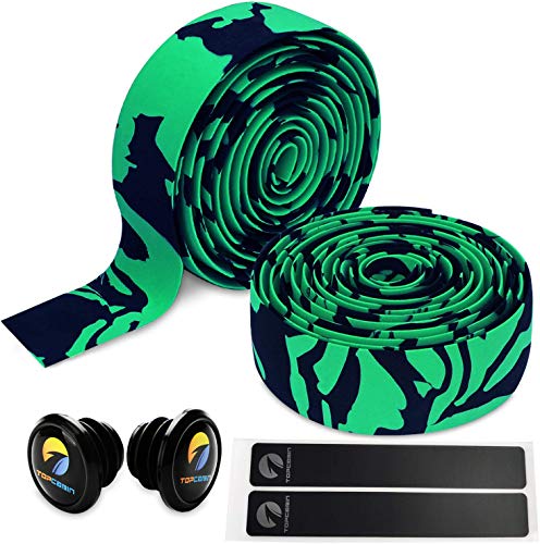 TOPCABIN® Camouflage Comfort Gel Road Bike Handlebar Tape - Reflective Bar Plugs, Green-Black (Pair) | Non-Slip Cycling Grip for Road Bikes, Mountain Bikes & Commuting
