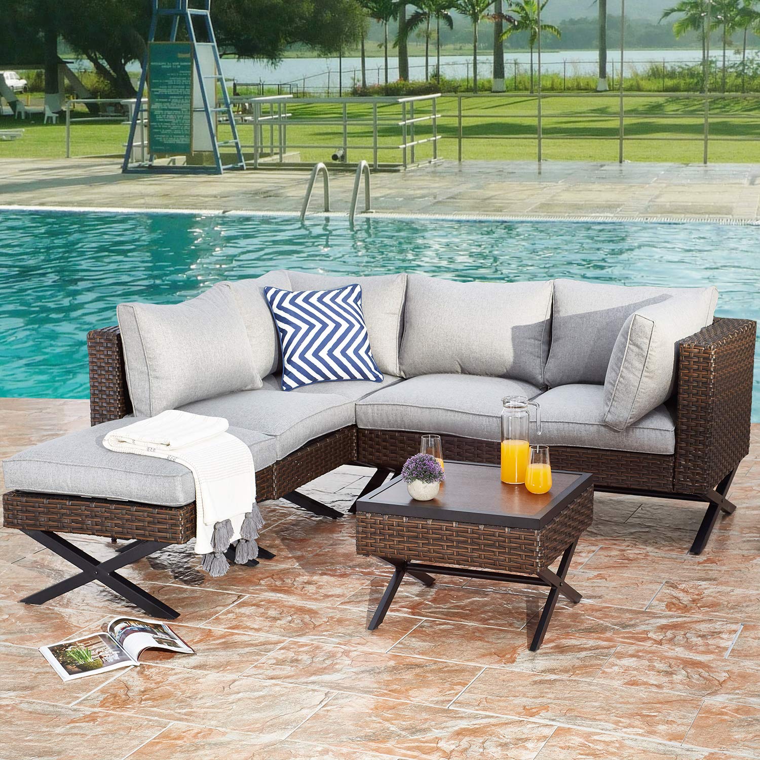 PatioFestival 6-Piece X-Frame Wicker Outdoor Furniture Set - All-Weather Sectional Sofa with Thick Cushions, Grey - Perfect for Backyard, Garden, Poolside & Patio Relaxation