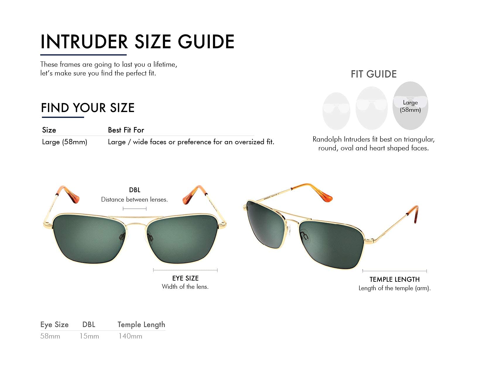Randolph USA Intruder Rectangular Classic Aviator Sunglasses for Men - Non-Polarized 100% UV Protection - Perfect for Driving, Outdoor Activities & Fashion Accessories