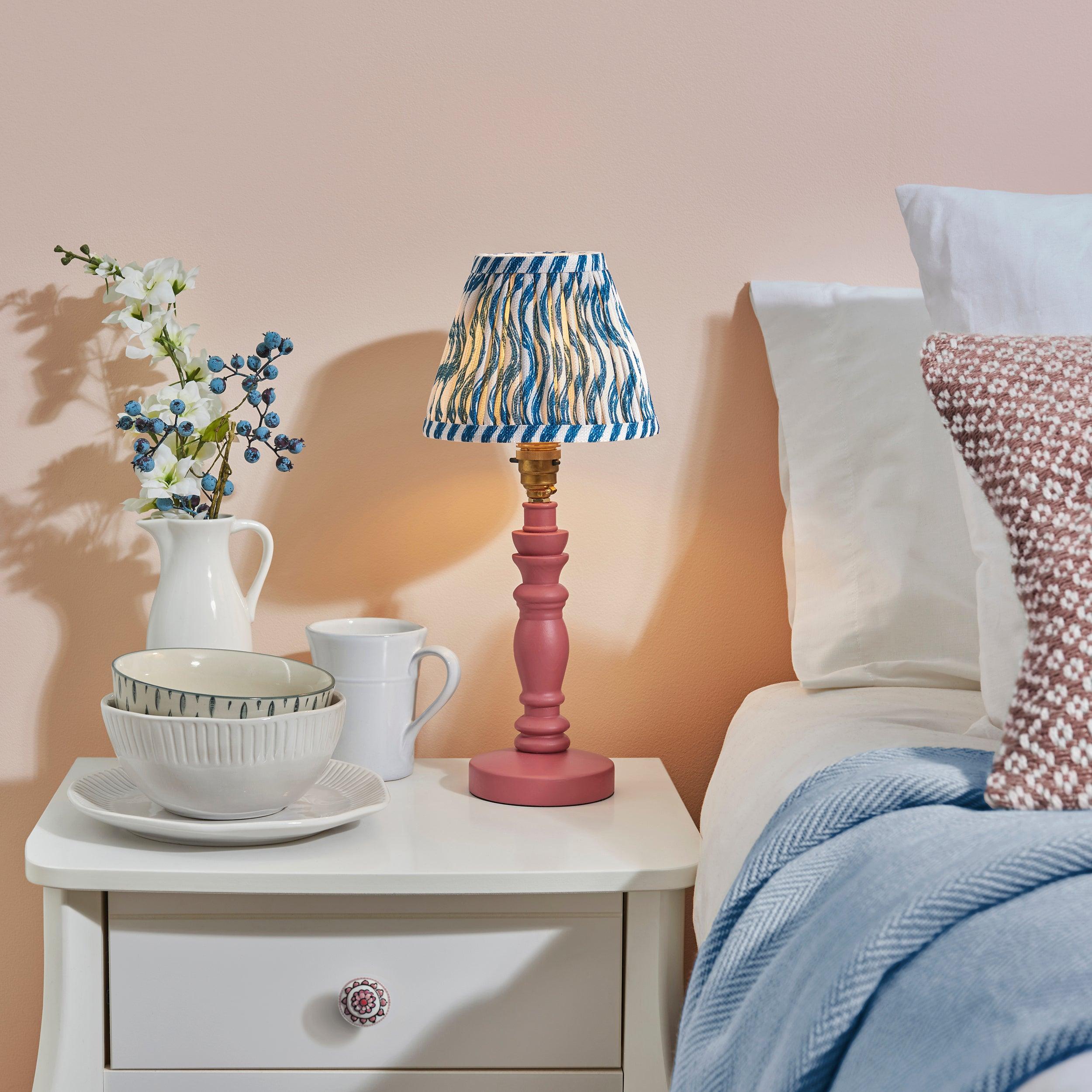 Bibury Pink Table Lamp with 16cm Ripple Marlin Blue Shade - Elegant Bedside & Living Room Lighting for Home Decor